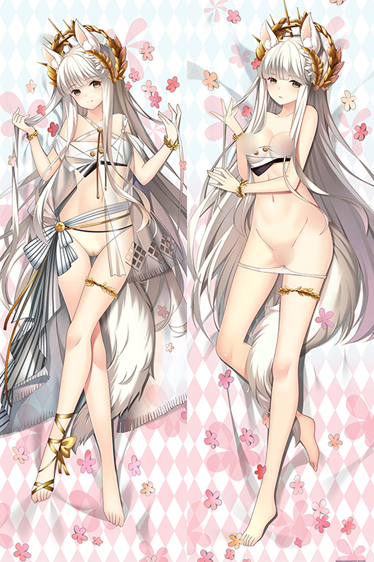 Due immagini Platinum raffiguranti un dakimakura con lunghi capelli chiari, orecchie da cavallo, una corona d’alloro dorata, abiti bianchi e dorati e motivi floreali rosa.