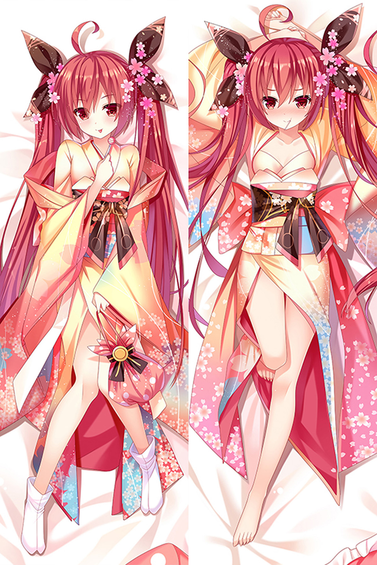 Diseño de funda de dakimakura de Kotori Itsuka de Date A Live, con kimono floral naranja y rosa, lazos con flores de cerezo y coletas rojas, con piruleta y bolso de cordón en la vista izquierda.