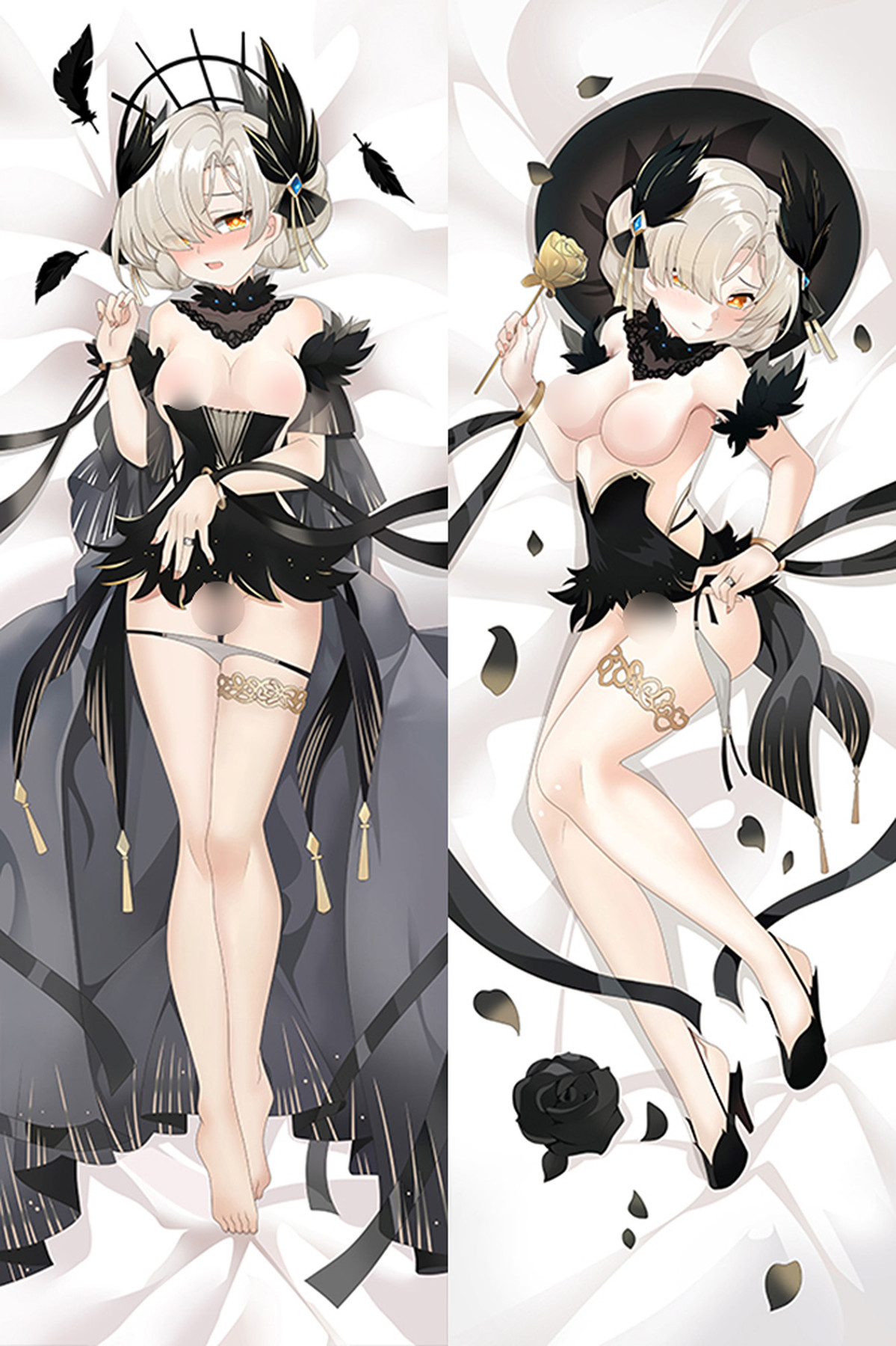 Sheffield op een dakimakurahoes met donkere veren, licht haar en gouden roos; voorbeeld.