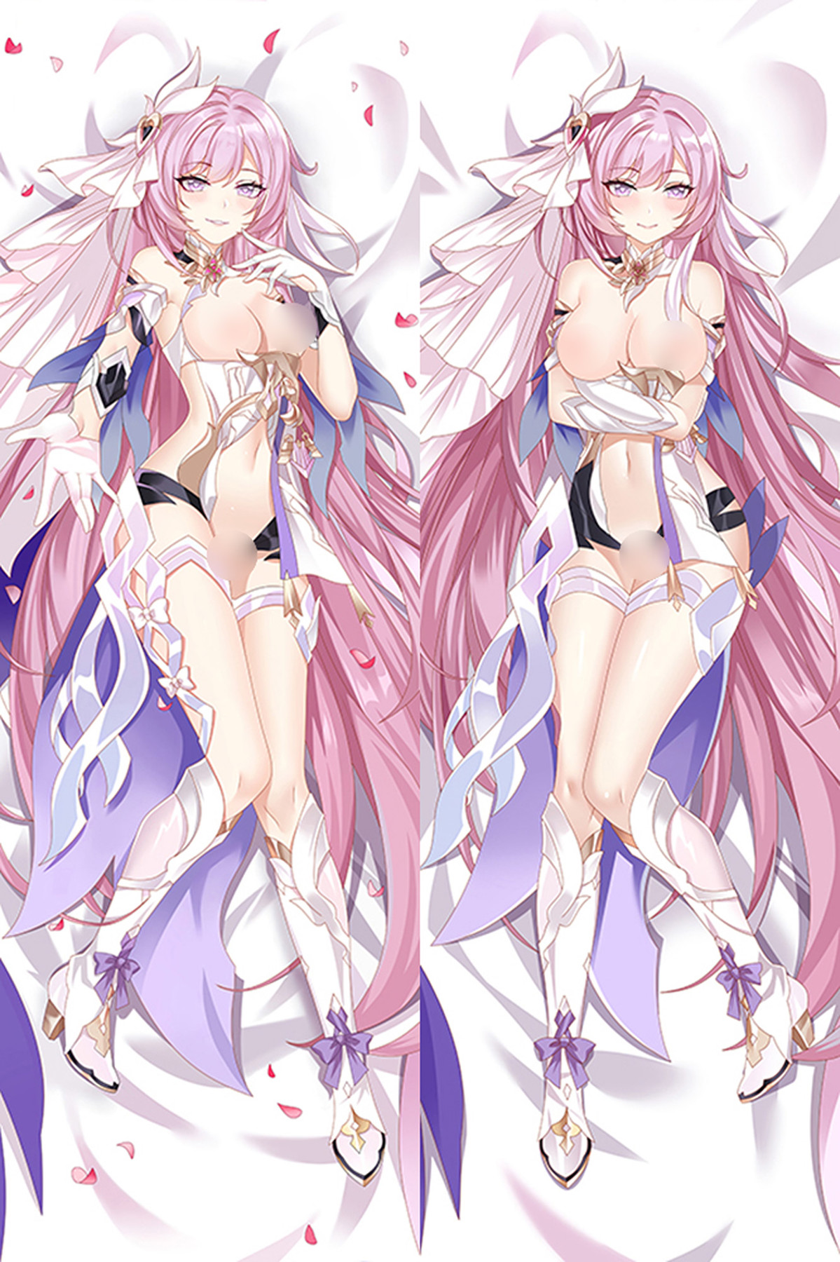 Elysia dakimakura artwork with long pink hair, white-purple-and-gold costume, white boots, floral ornament and petals; censored preview.