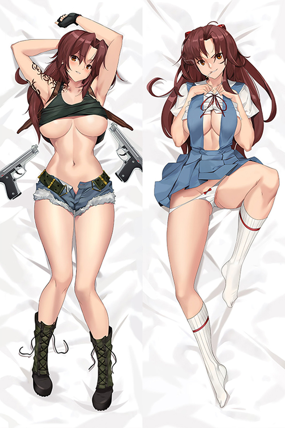 Revy dakimakura artwork with brown hair and tattoo, green top, denim shorts and twin pistols beside a white blouse and blue pinafore.