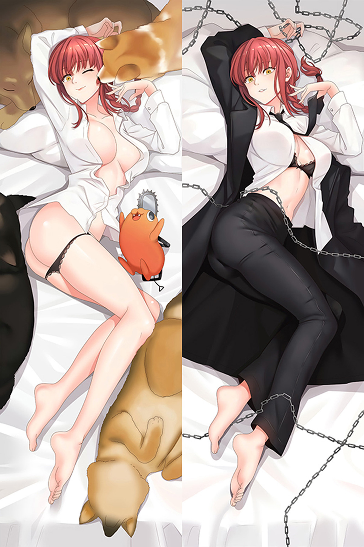 Makima body pillow case artwork with a white shirt, Pochita and dogs on one side, and a black coat, trousers and chain motifs on the reverse.