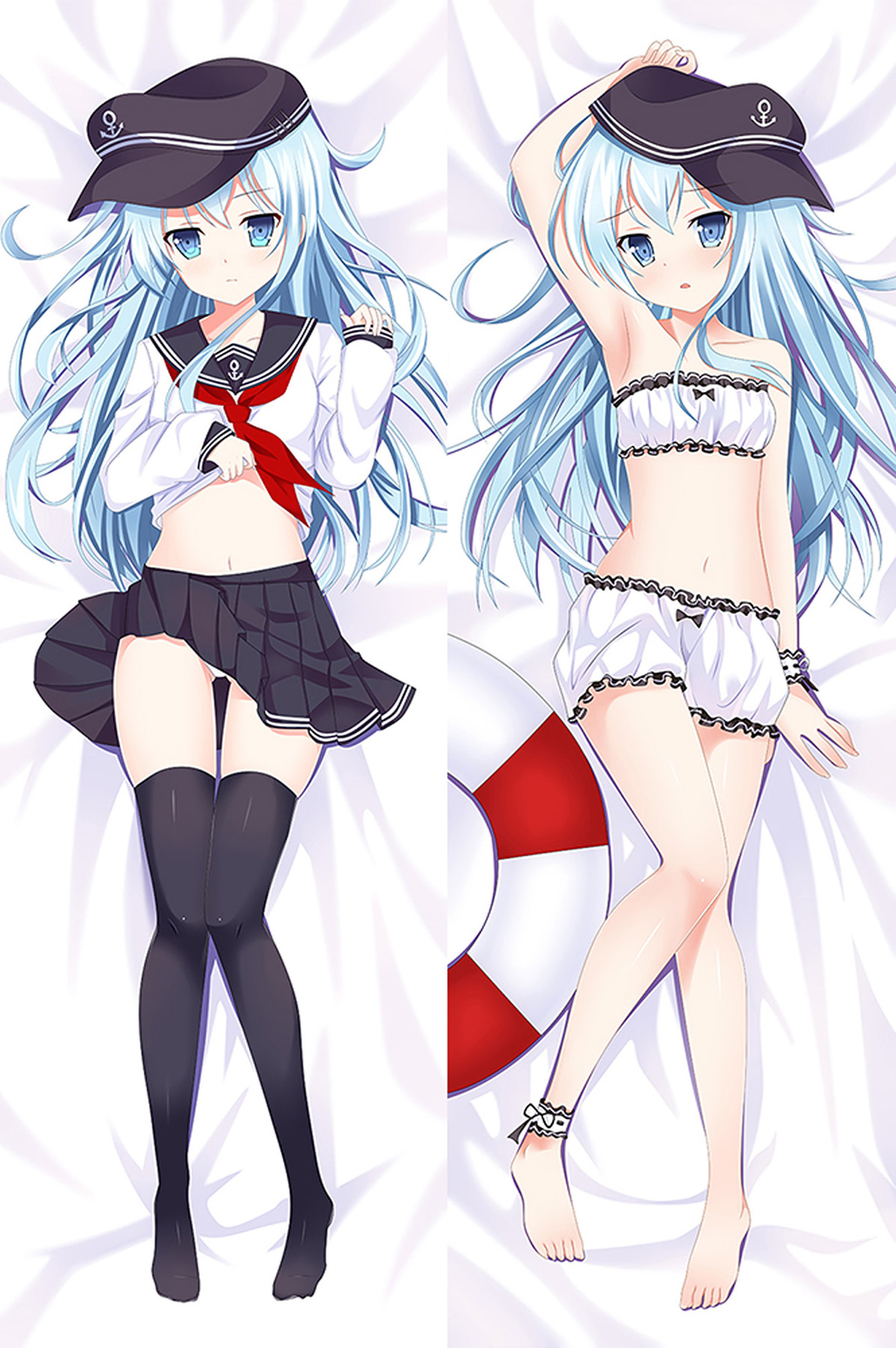 Hibiki dakimakura artwork with pale blue hair, anchor cap, sailor outfit and white frilled nightwear.