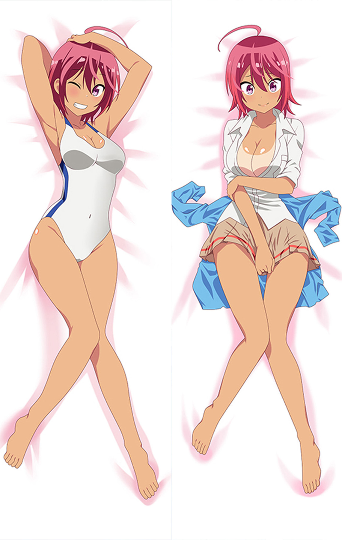 Uruka Takemoto op een dakimakurahoes met een badpak en een outfit met witte blouse.