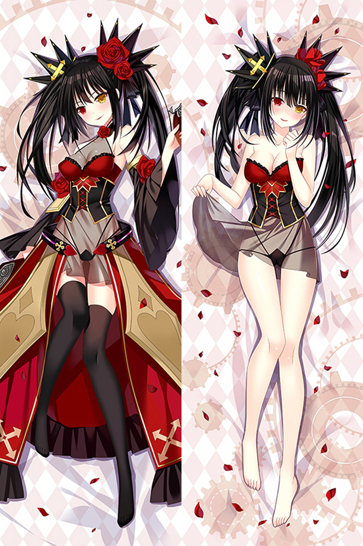 Kurumi Tokisaki dakimakura body pillow case artwork with red roses and black-and-gold costume.