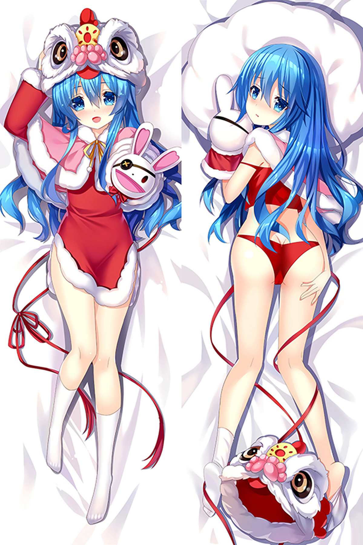 Yoshino Himekawa dakimakura artwork with blue hair, red festive outfit, lion-style headpiece and Yoshinon puppet.