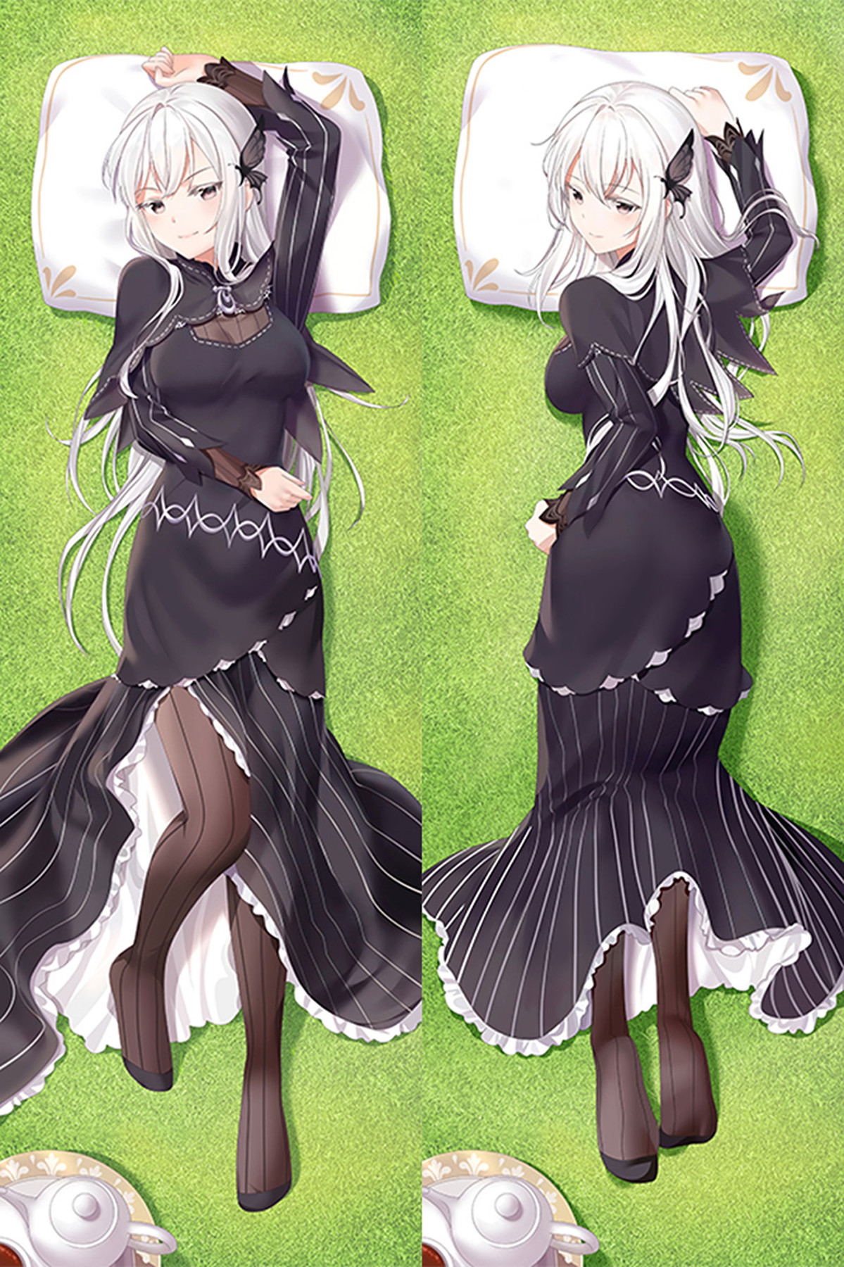 Echidna with long white hair, butterfly clip and flowing black dress with white trim, on a green lawn with teacups at the bottom.