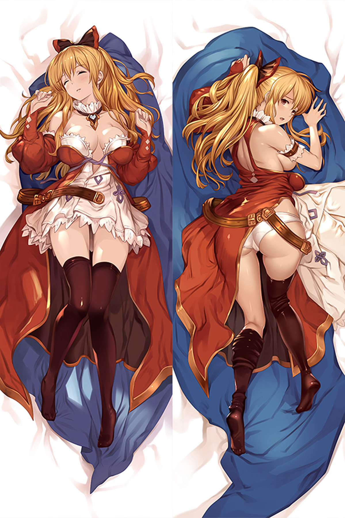 Vira dakimakura body pillow case with blonde hair, red bows, a red coat and white frills; a blue cushion and white underwear on the reverse.