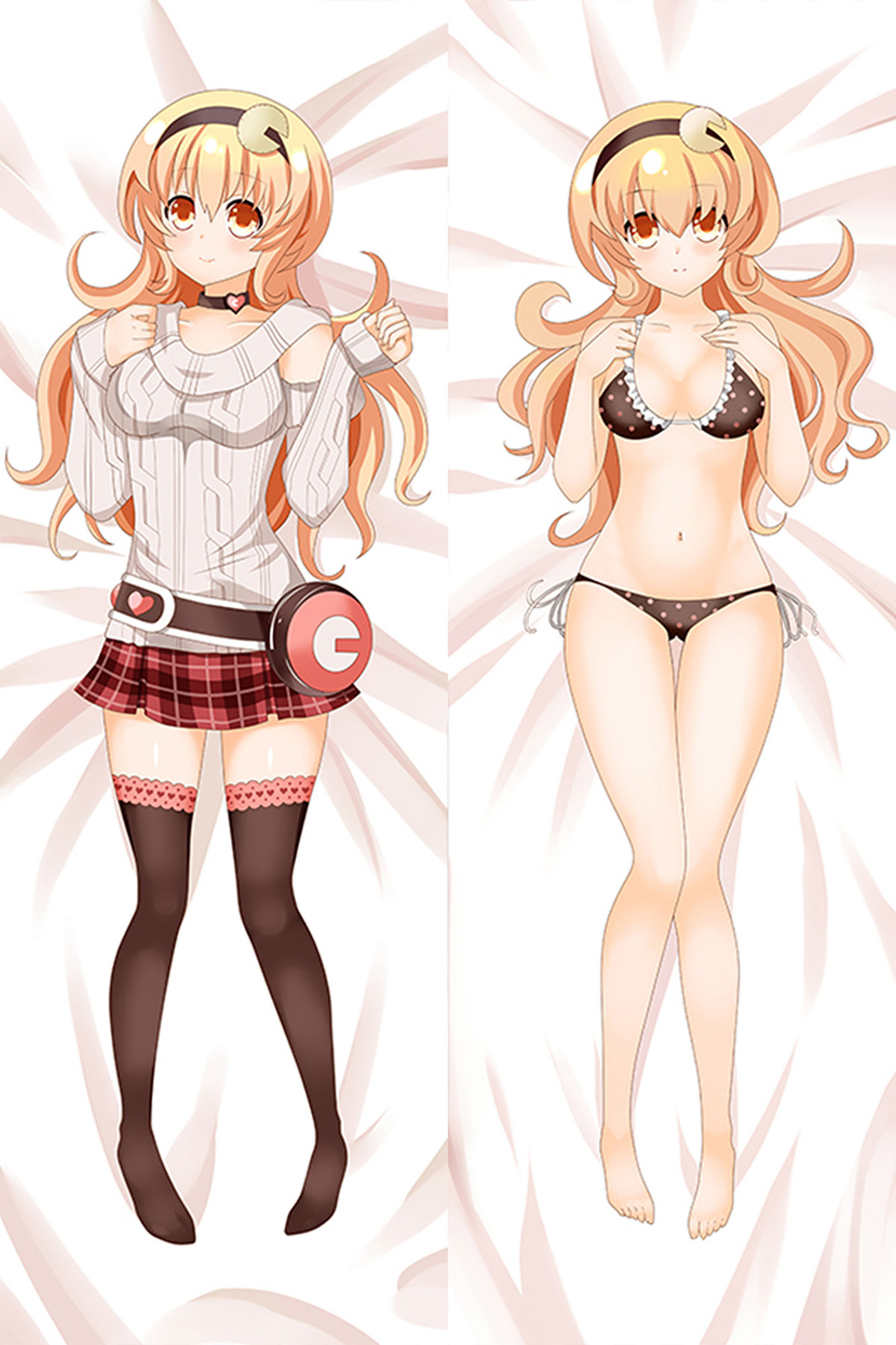 Compa dakimakura body pillow case artwork with orange-blonde hair and a round hair clip.