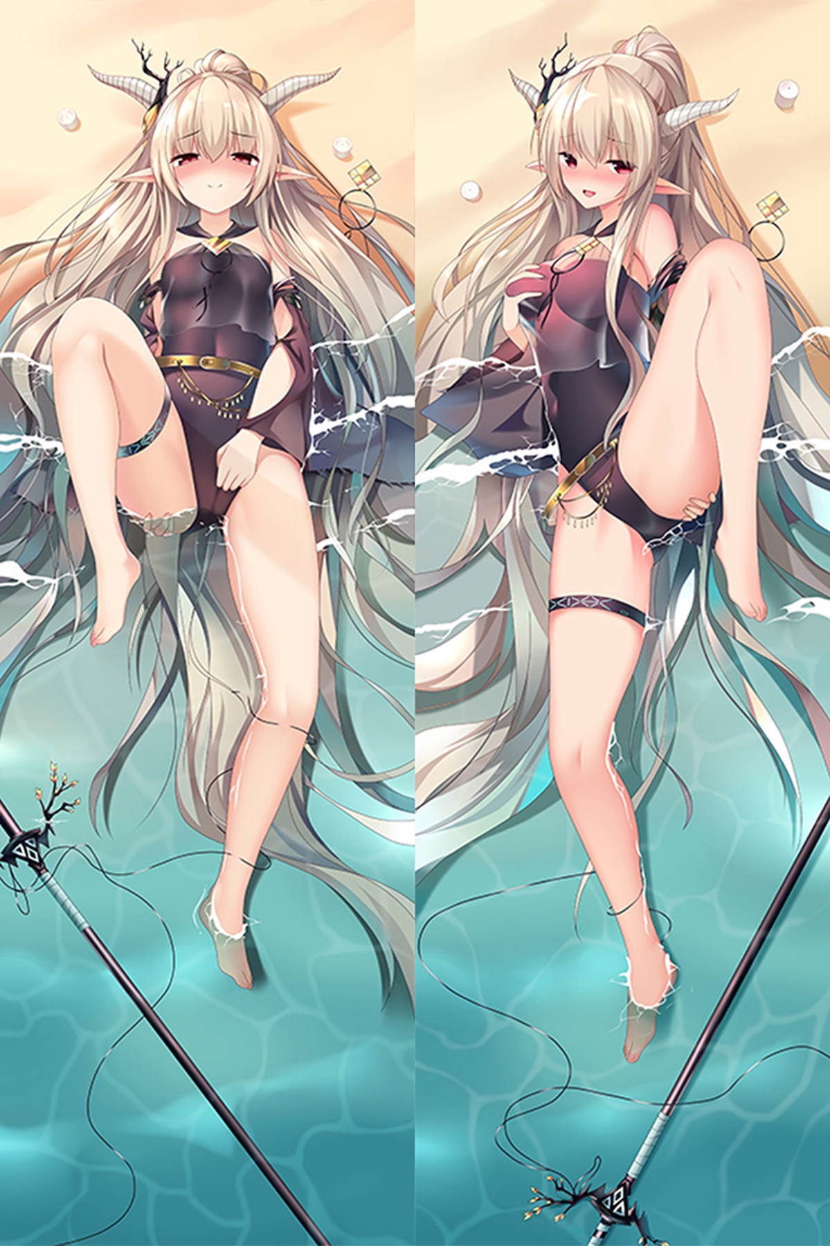 Two Shining views with long pale golden hair, curved horns, red eyes and a black one-piece swimsuit with a gold belt against turquoise water.