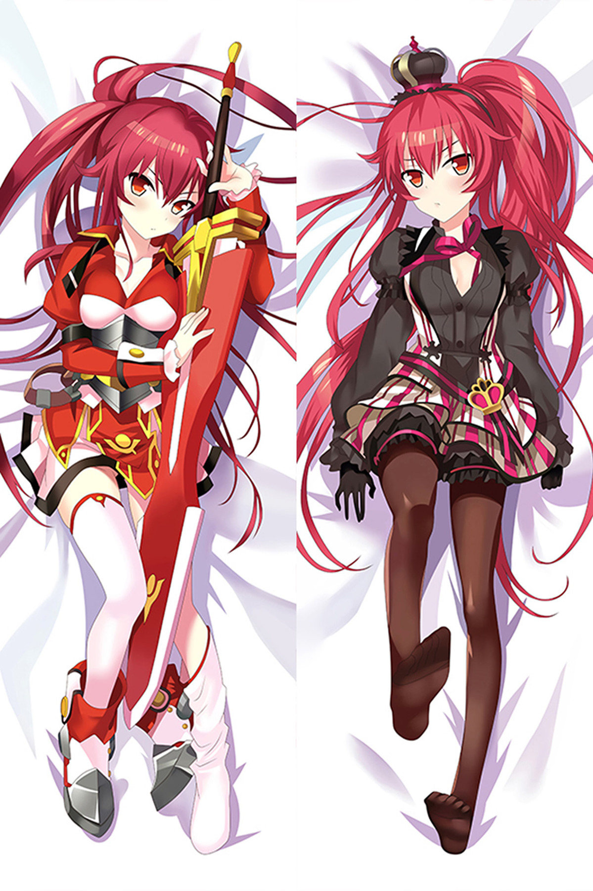 Elesis auf einem Dakimakura-Bezug mit roten Haaren und großem Schwert.