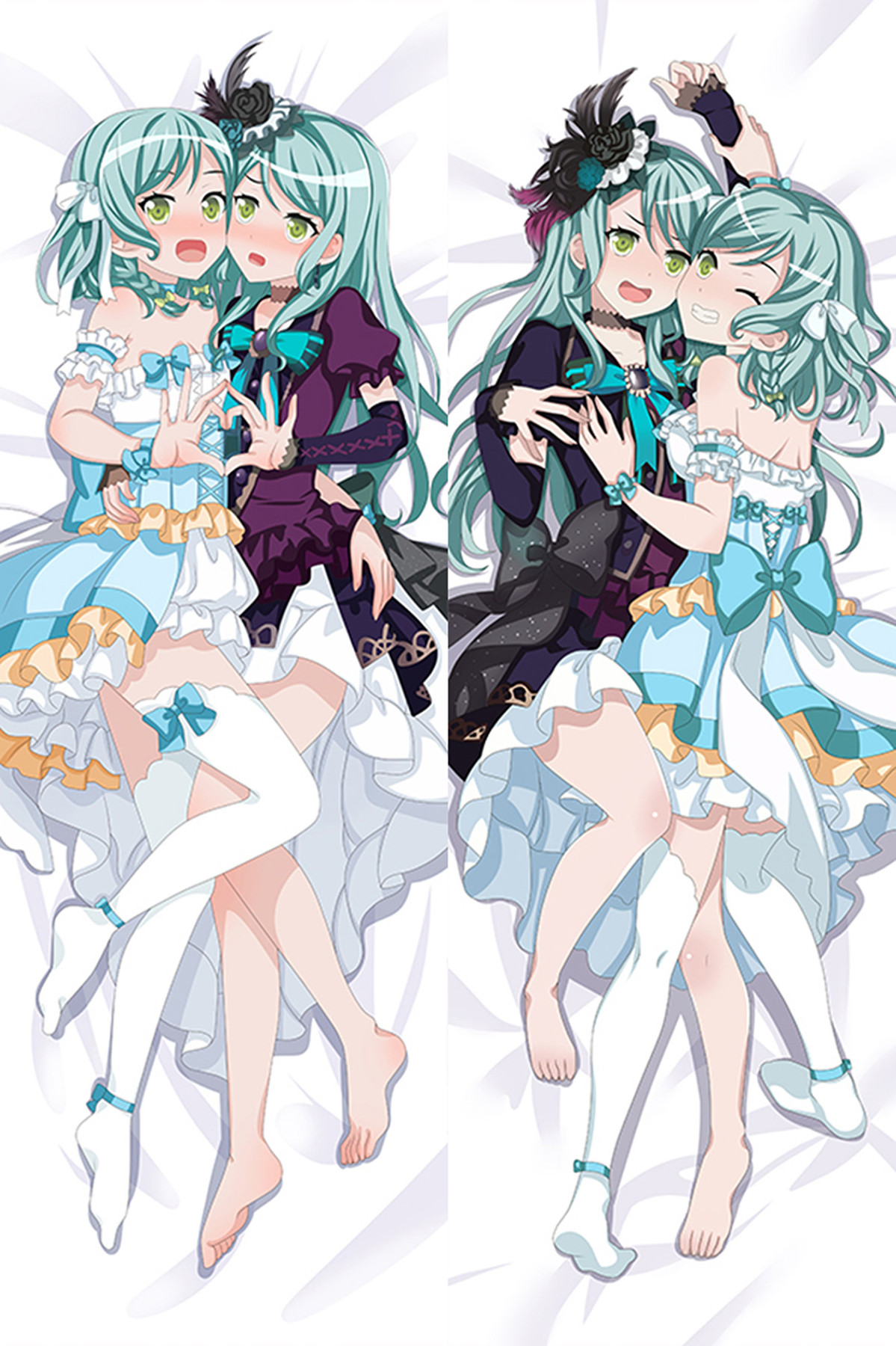 Hina Hikawa und Sayo Hikawa auf einem Dakimakura-Bezug mit aquafarbenem Haar und verschiedenen Bühnenoutfits.