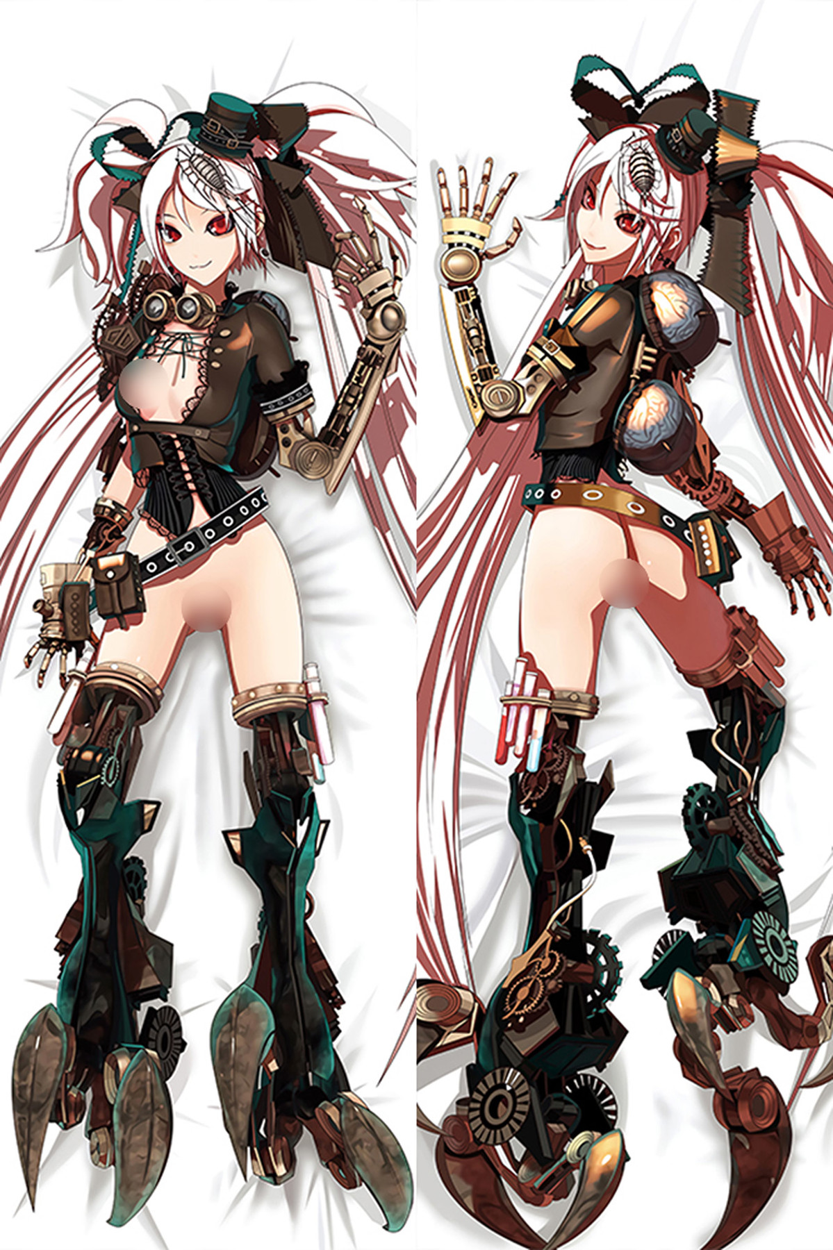Steampunk Girl dakimakura artwork with mechanical arms, gears, goggles and a small top hat.