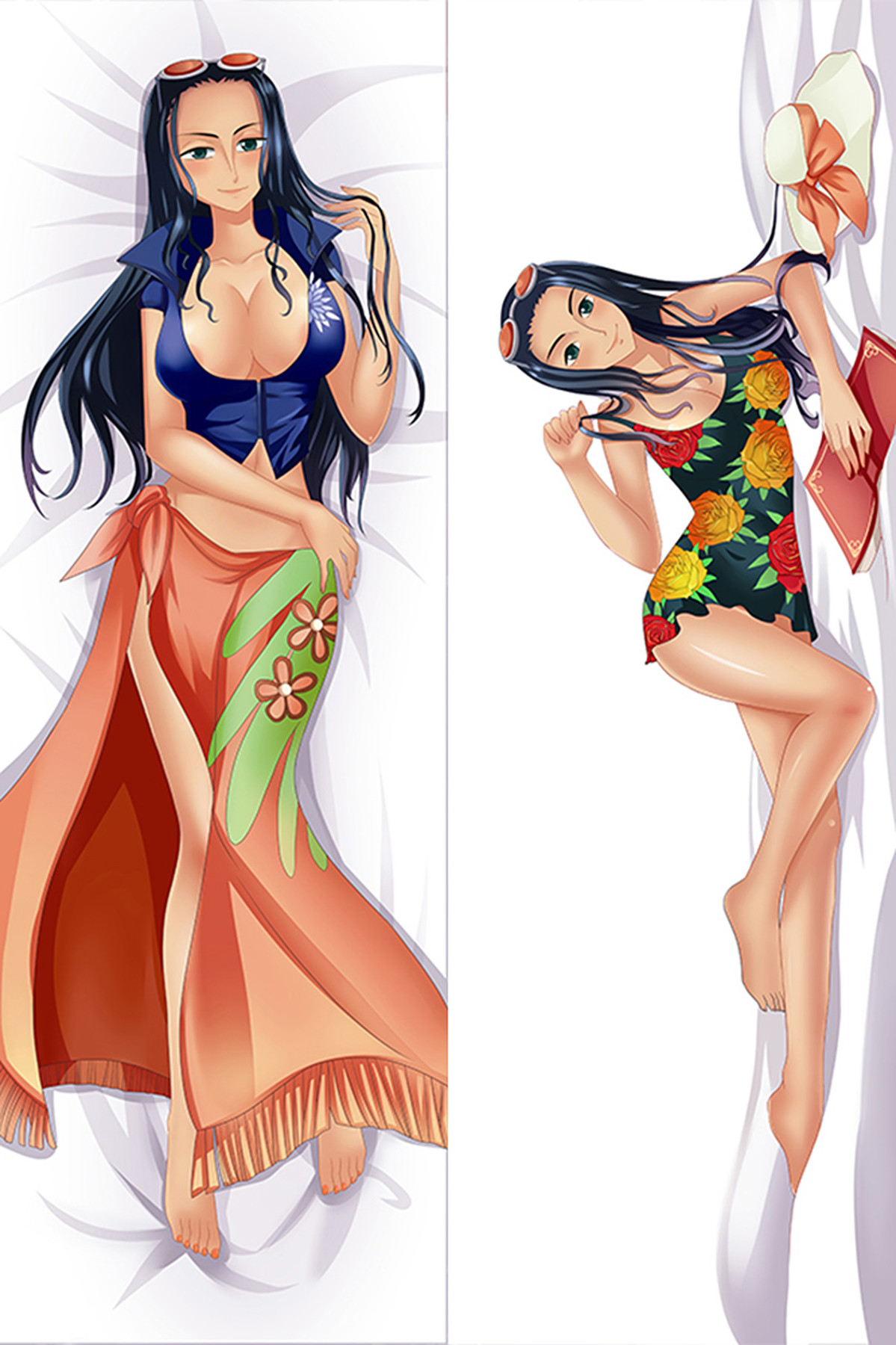 Two Nico Robin poses for a body pillow case, with a blue top and orange wrap skirt on one side and a black floral outfit with a red book on the other.
