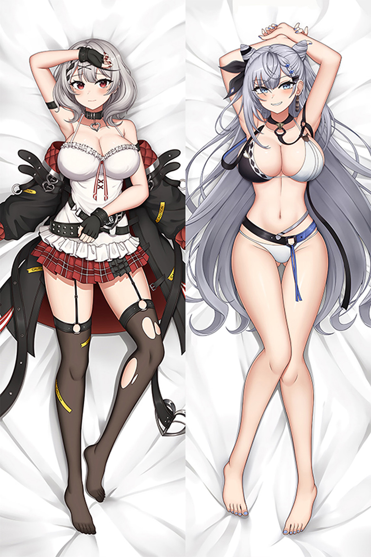 Chloe Sakamata and Vestia Zeta dakimakura body pillow case, with short grey hair and red plaid beside long silver hair and blue accents