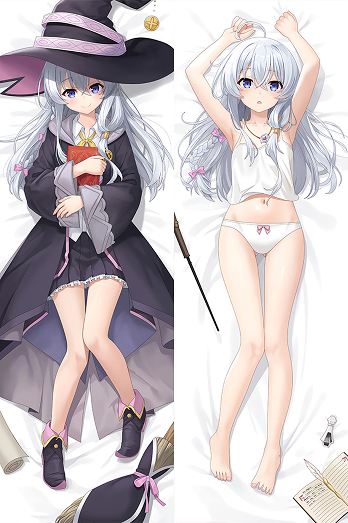 Two-sided Elaina dakimakura artwork with witch hat, gold charm, dark cape, red book, white fabric, pendant, broom, ink bottle and quill.