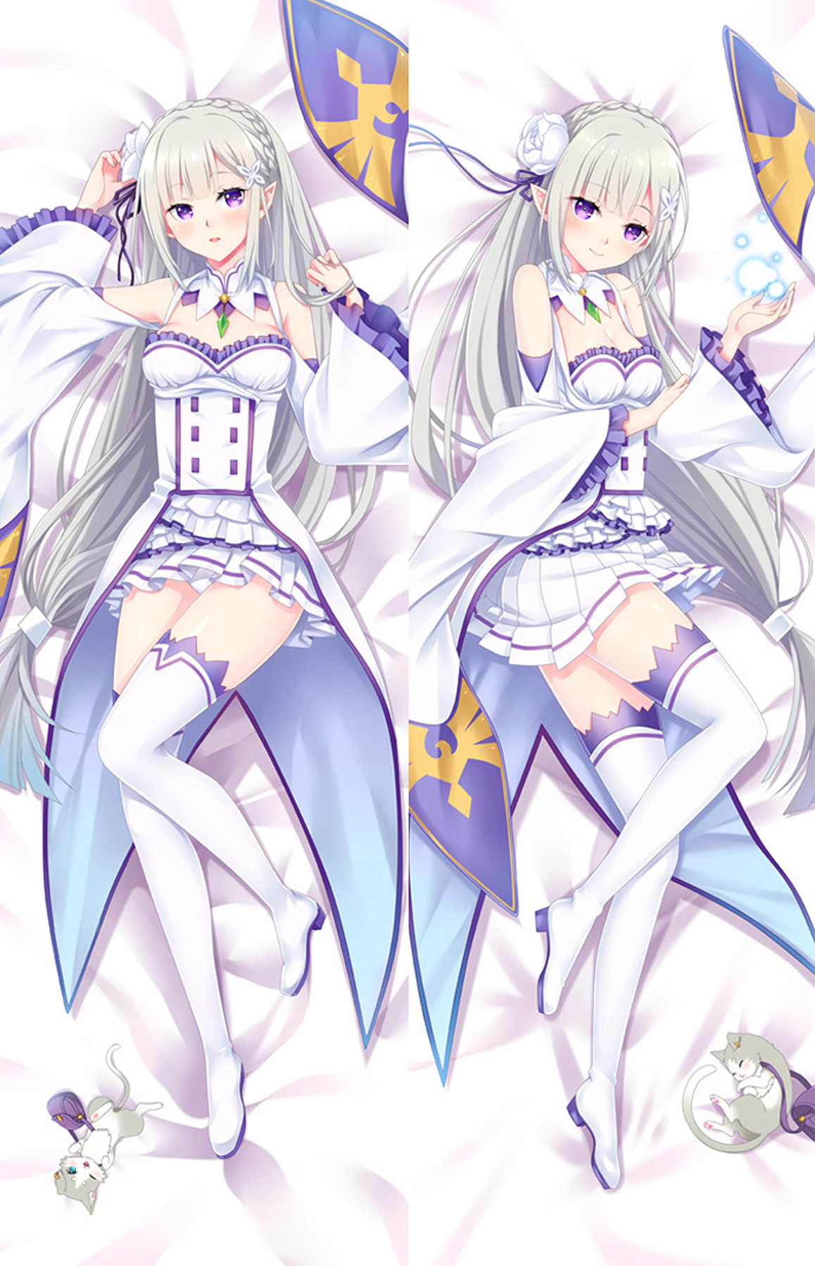 Double-sided Emilia dakimakura body pillow case artwork with a white dress and blue light accents.
