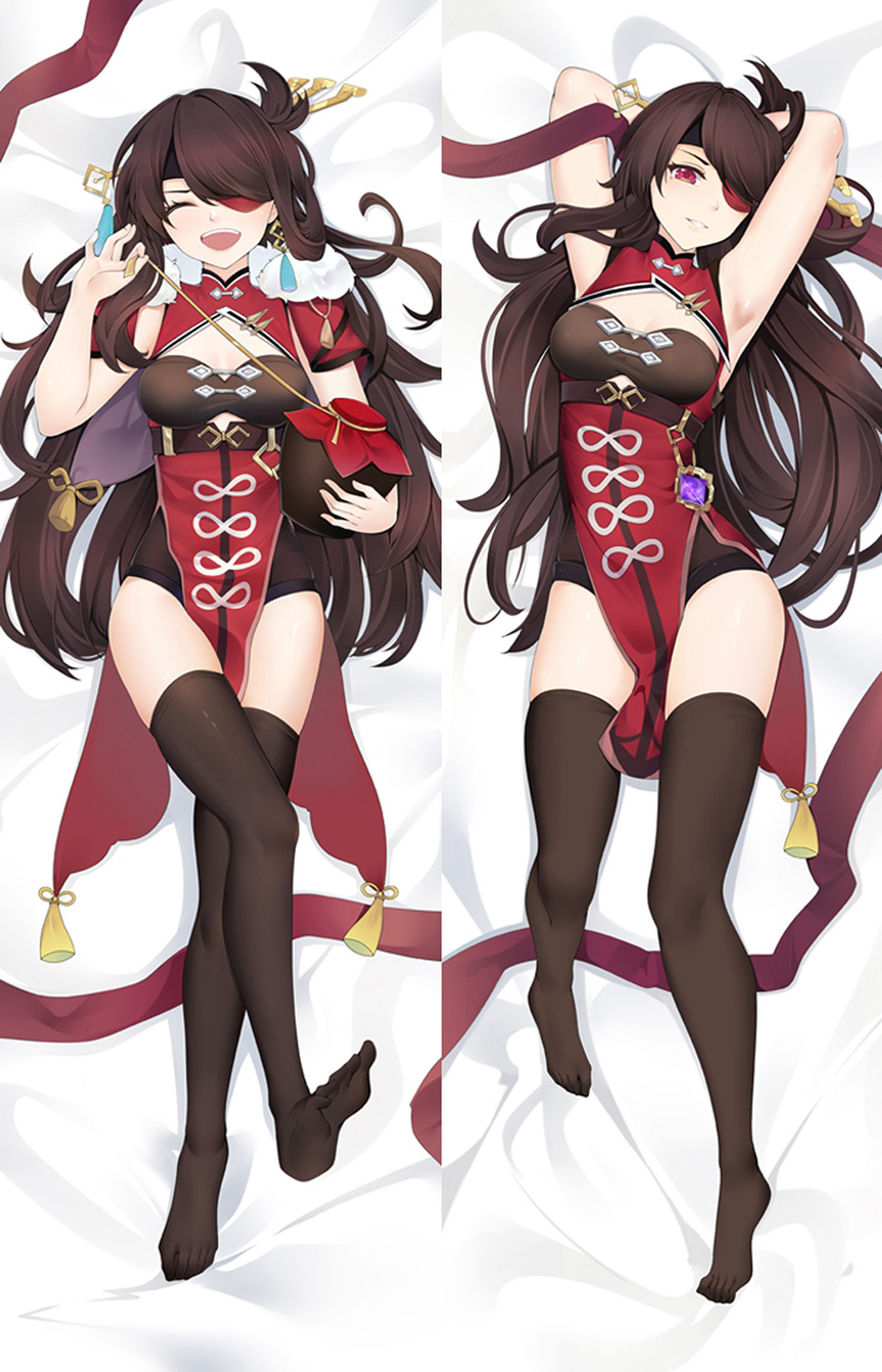 Beidou-dakimakura-illustratie uit Genshin Impact: rode en zwarte outfit, ooglapje en donkere dijhoge kousen; met een drankje aan de ene kant en beide armen boven haar hoofd aan de andere.
