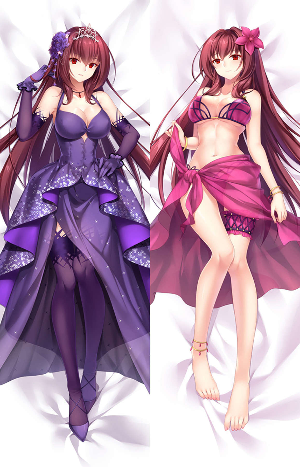 Scathach de Fate/Grand Order en una funda dakimakura de dos caras, con vestido morado, tiara, guantes, bikini rosa, pareo rosa y flor en el pelo.