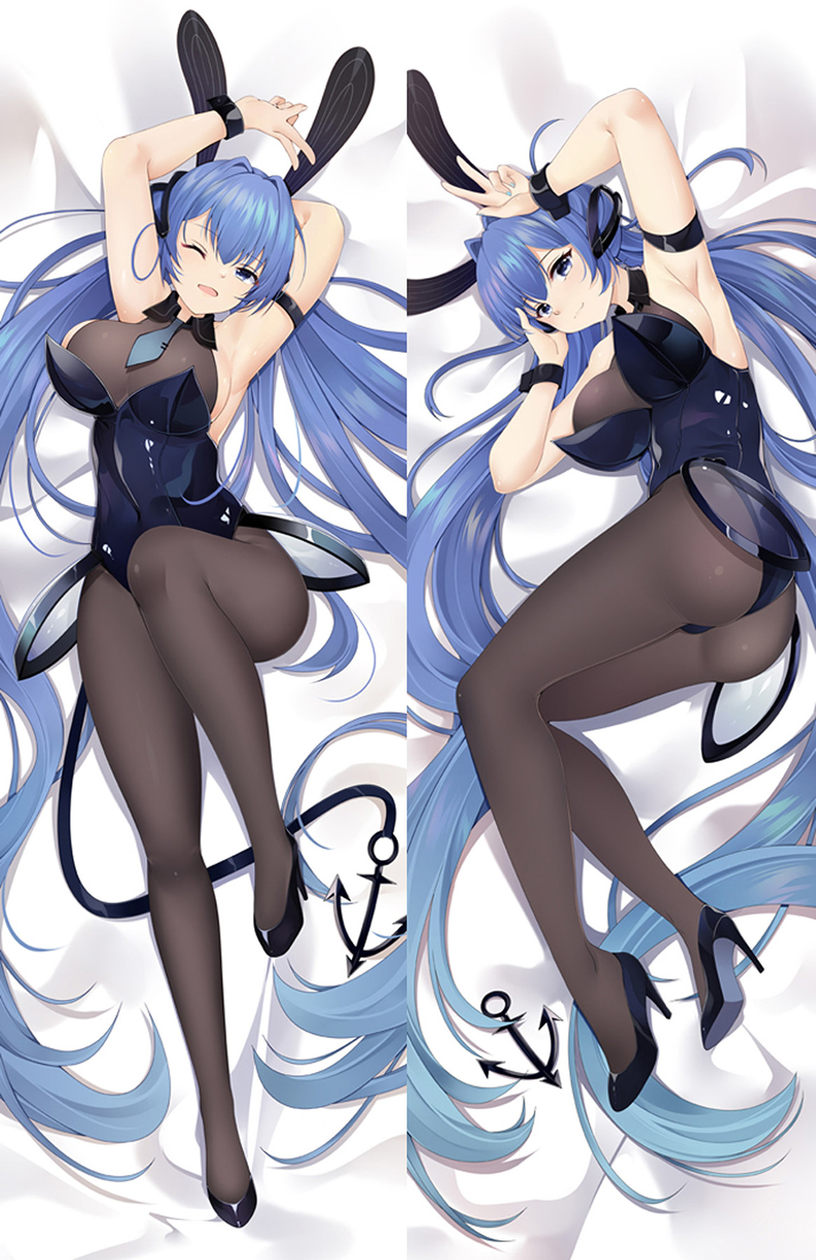New Jersey with long blue hair, dark bunny costume, tights, black heels and anchor-ended tail