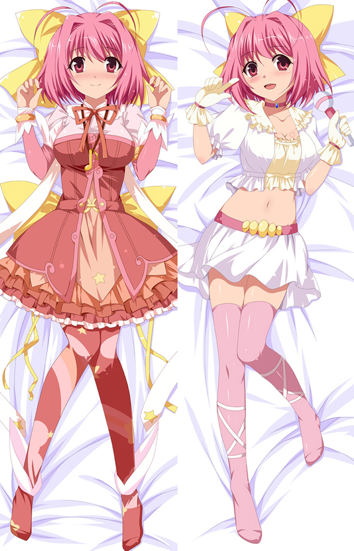 Kanon Nakagawa-dakimakura met rode, roze en witte outfits, gele strikken, sterrenpatronen en een microfoon