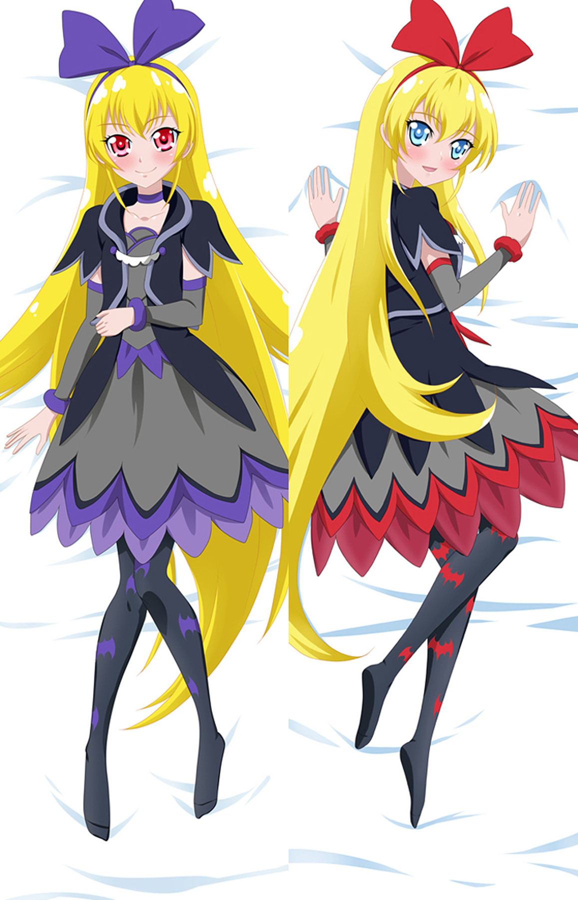 Regina dakimakura with layered black and grey dresses, purple and red bows and long blonde hair