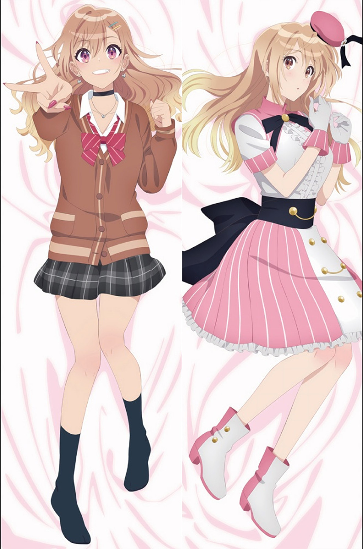 Yasumi Utatane / Yumiko Satou dakimakura with a brown cardigan and pink-and-white costume