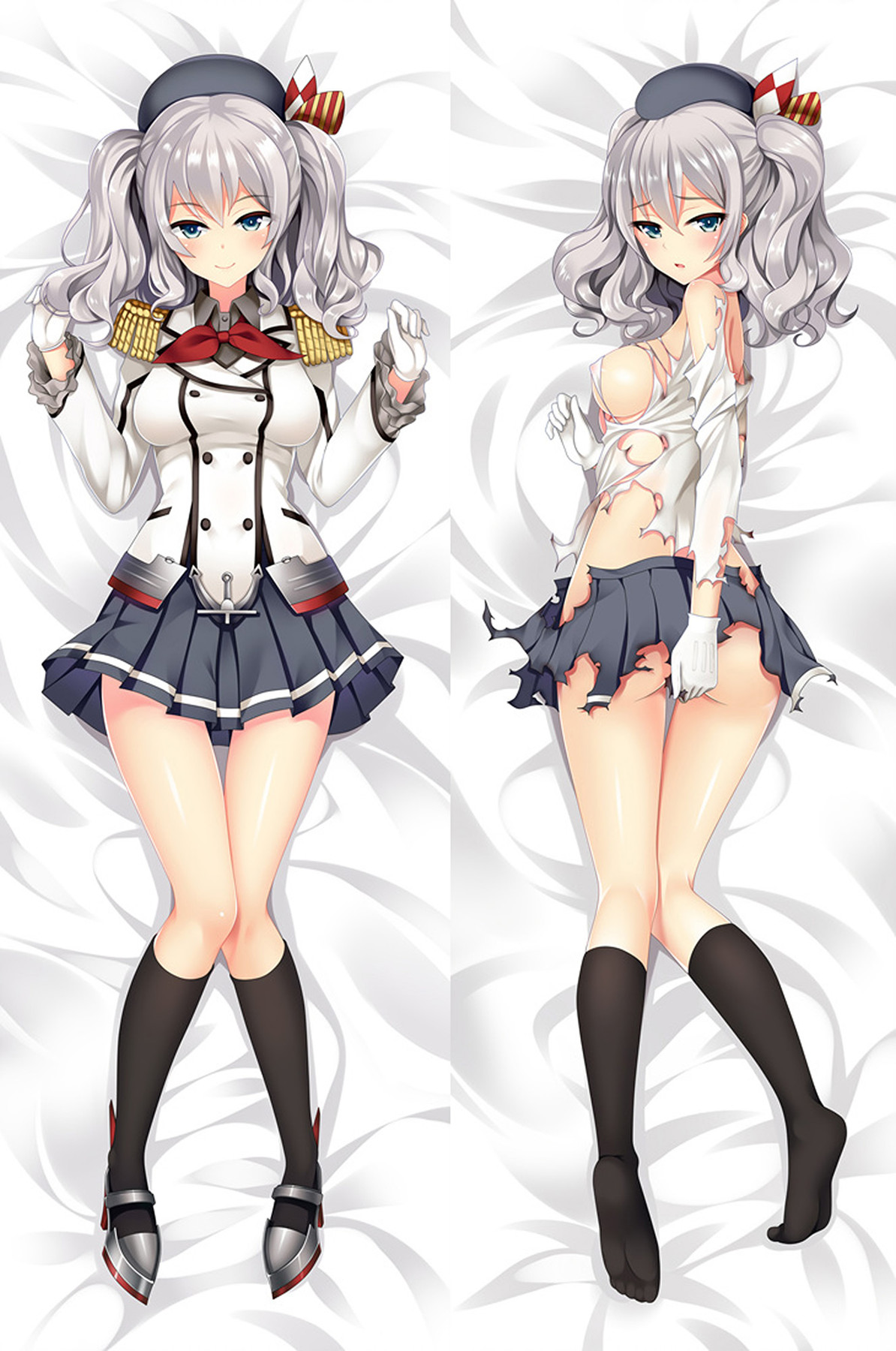 Double-sided Kashima dakimakura body pillow case artwork with gold trim and navy pleats.