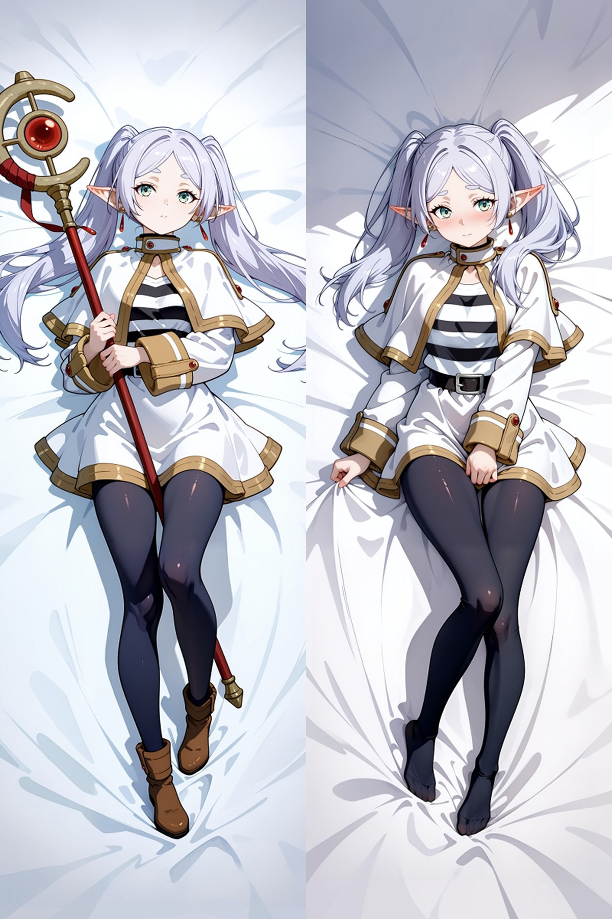 Front and back artwork for a Frieren body pillow case, with a white and gold outfit, silver twin-tails and a red staff on one side.
