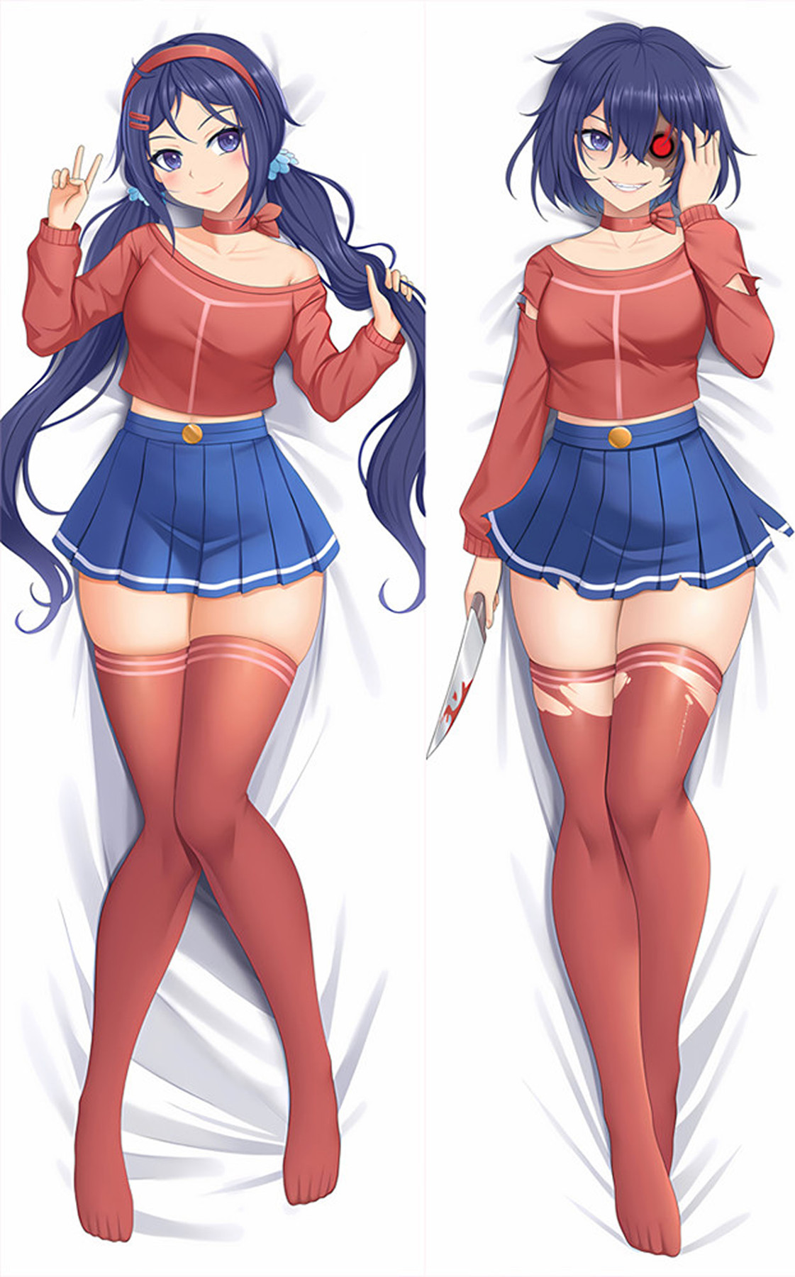 Crazy Mita dakimakura body pillow case with red sweater, blue pleated skirt and red stockings, long blue twin-tails and a short blue bob with knife on the reverse.