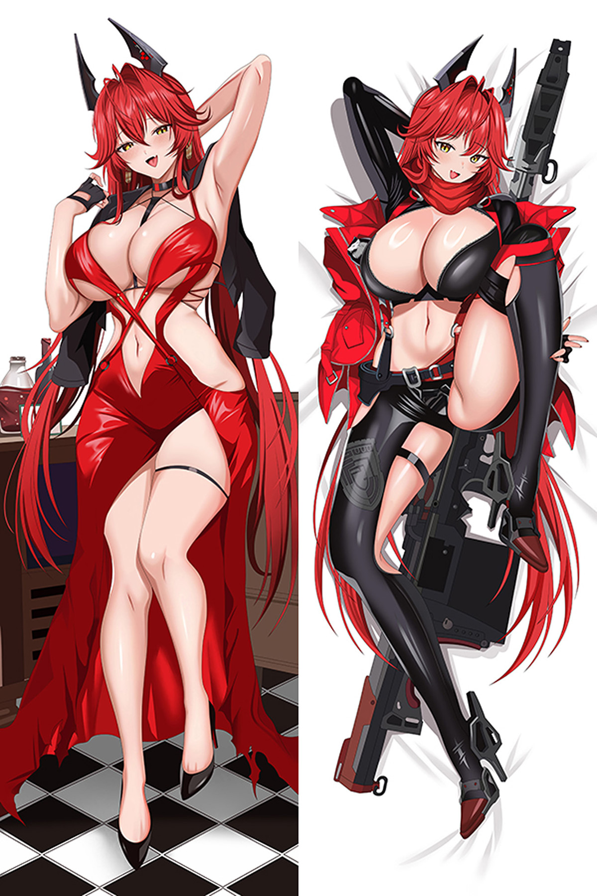 Red Hood uit NIKKE op een dakimakurahoes, in een rode avondjurk aan de ene kant en een zwart-rode outfit met geweer aan de andere.