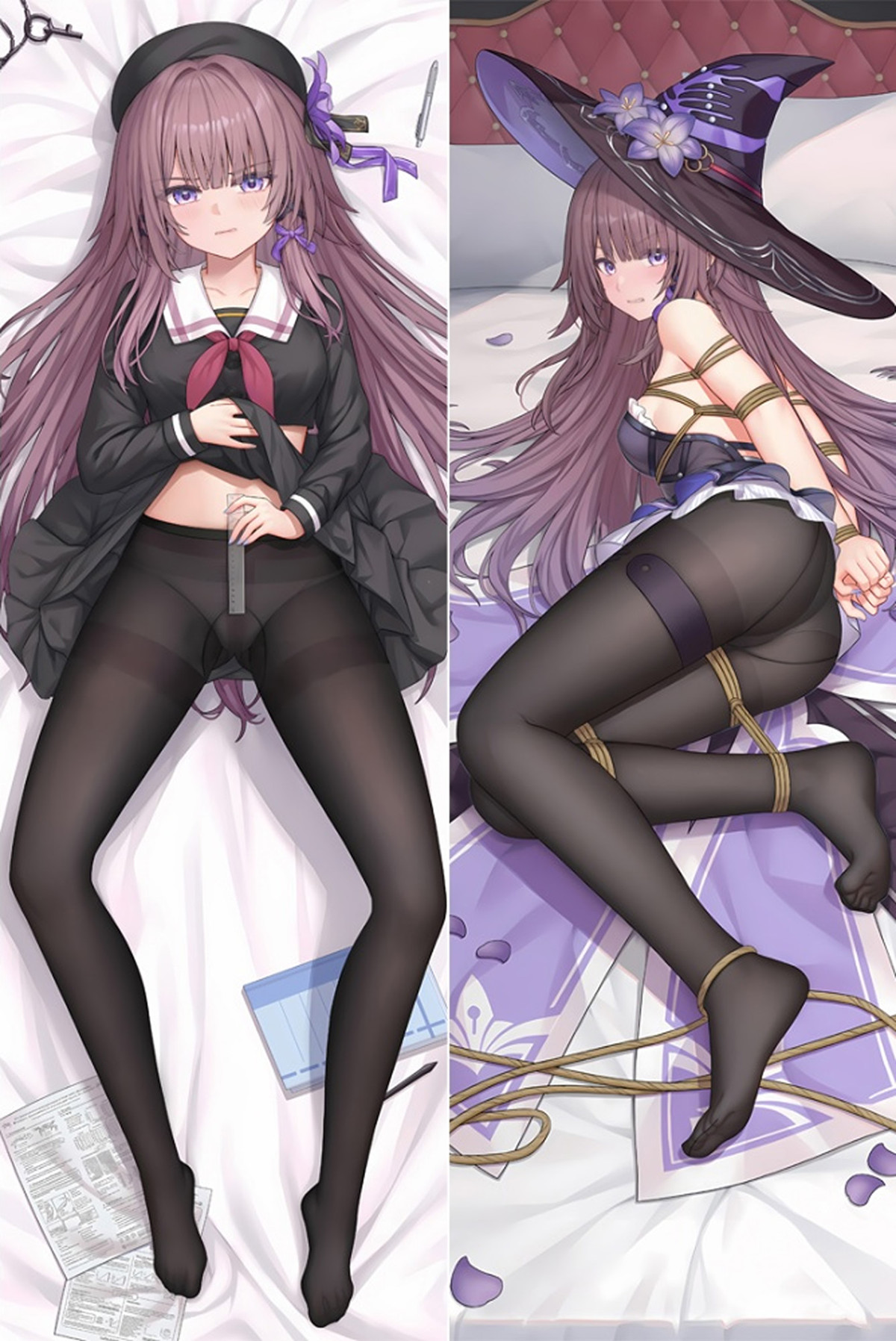 Housse dakimakura Herta, blouse sombre de style marin et foulard rouge d’un côté, tenue noire et violette et chapeau de sorcière fleuri au verso.