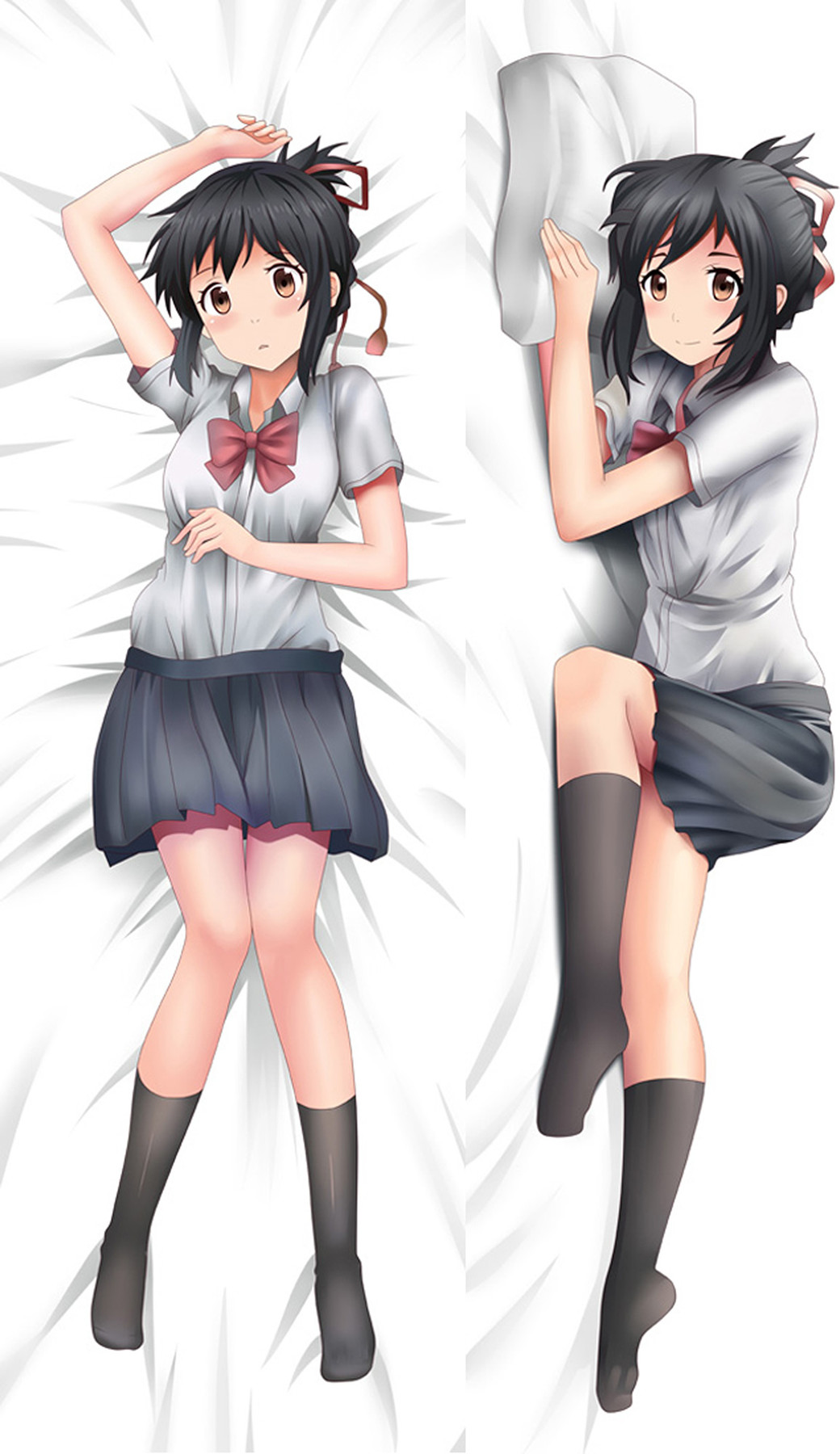 Mitsuha Miyamizu dakimakura with red hair ribbon and bow, pale blouse, dark pleated skirt and a white pillow