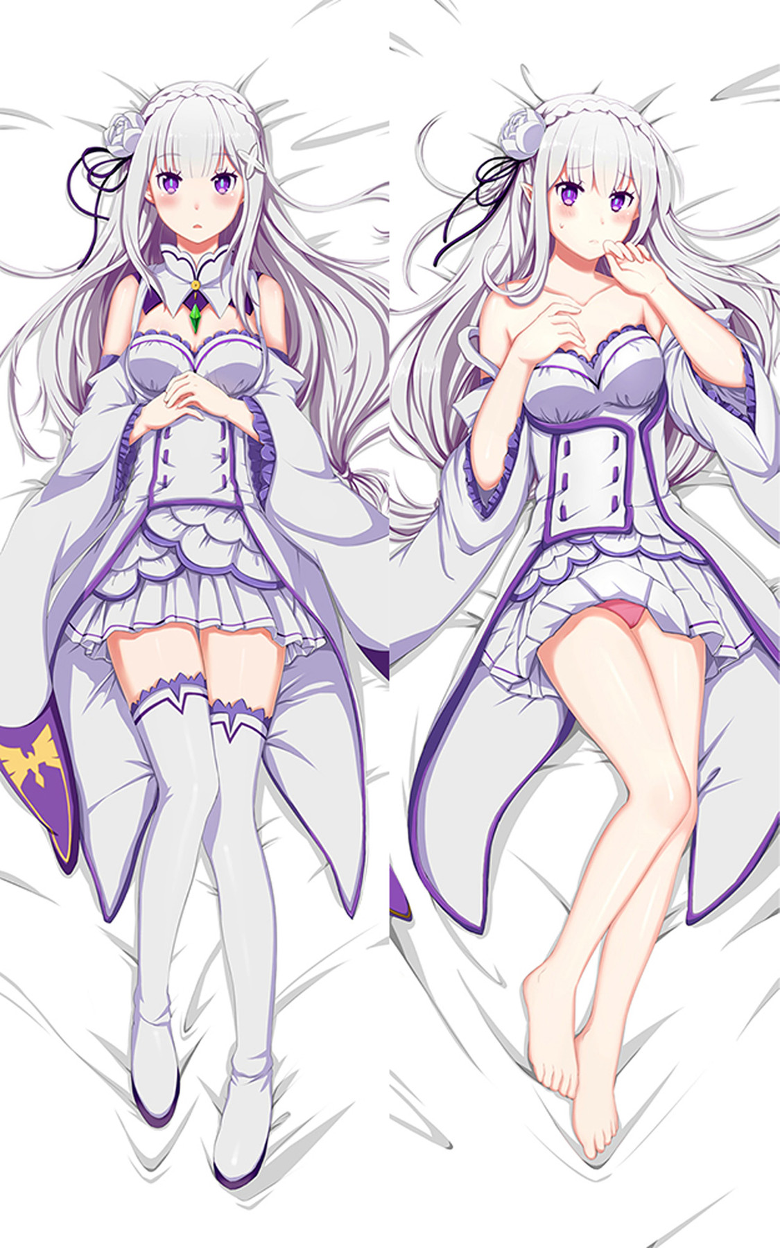 Dakimakura di Emilia con lunghi capelli argentati, abiti bianchi e viola, maniche ampie e ornamenti per capelli a forma di rosa