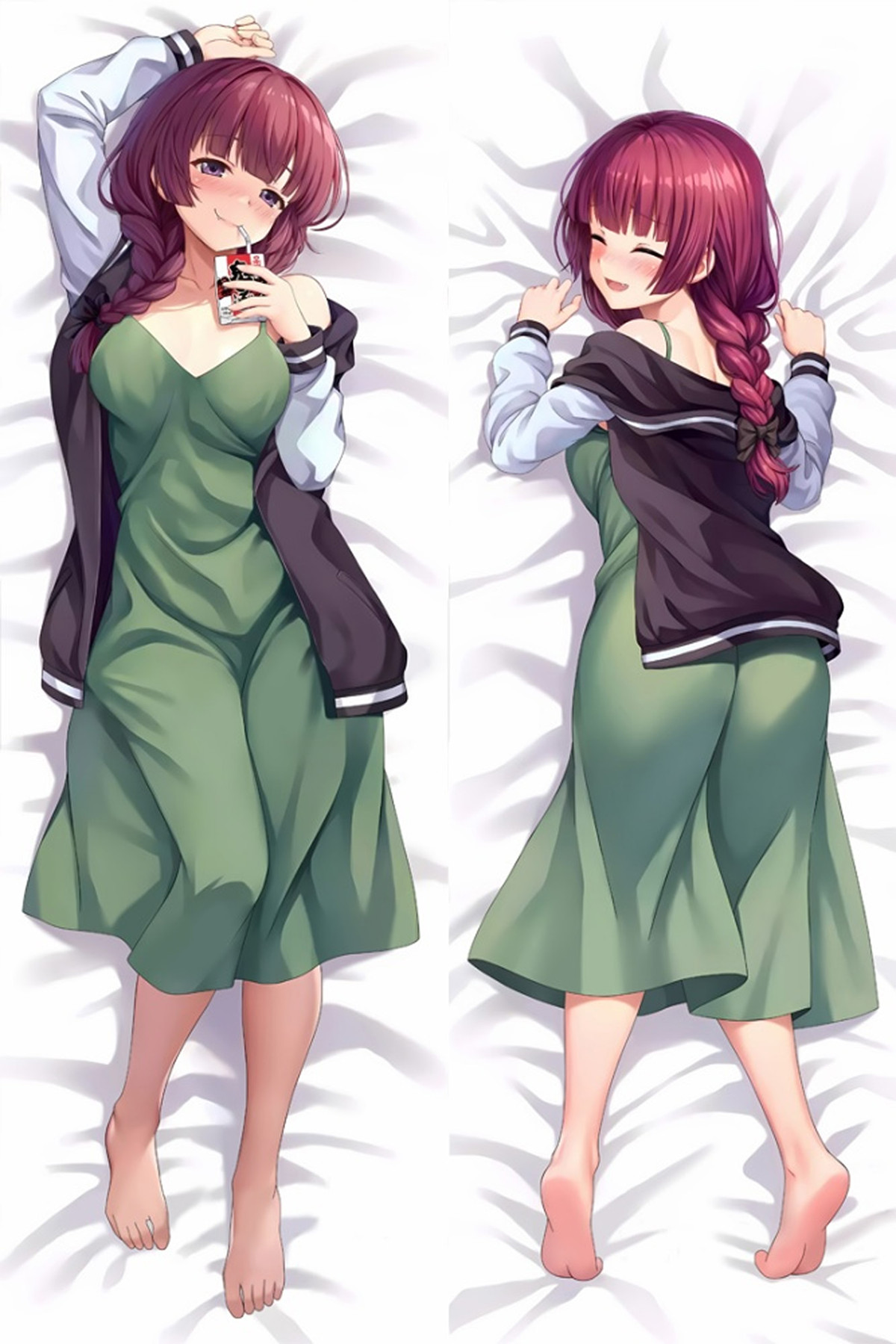 Kikuri Hiroi op een body pillow hoes, in groene jurk en donkere jas met lichte mouwen, met bordeauxrode vlecht en klein drankkarton.
