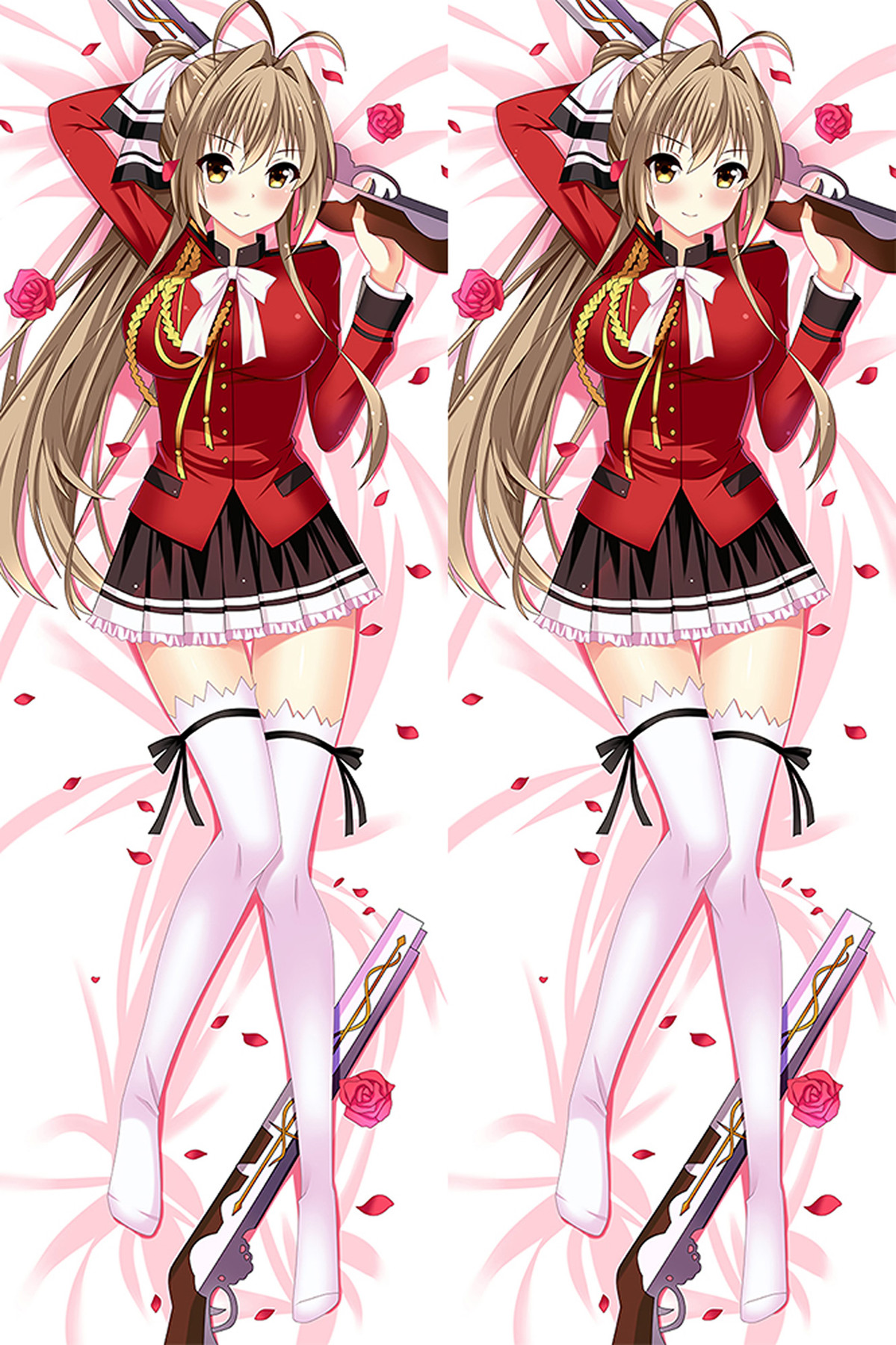 Illustrazione ripetuta del dakimakura Isuzu Sento con giacca rossa, fiocco bianco, gonna a pieghe scura e cordoncini dorati