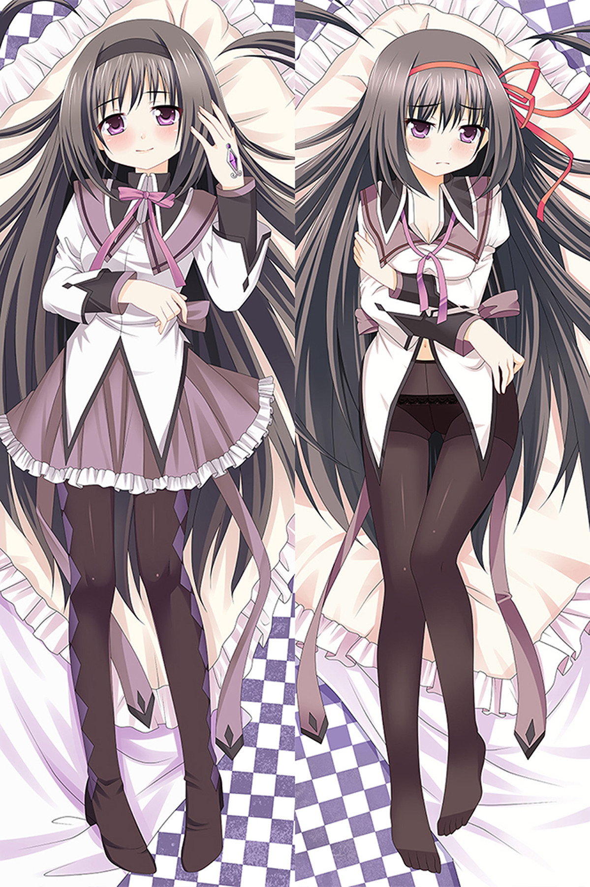 Homura Akemi with long black hair, white and purple costumes, dark tights and black and red hair ribbons