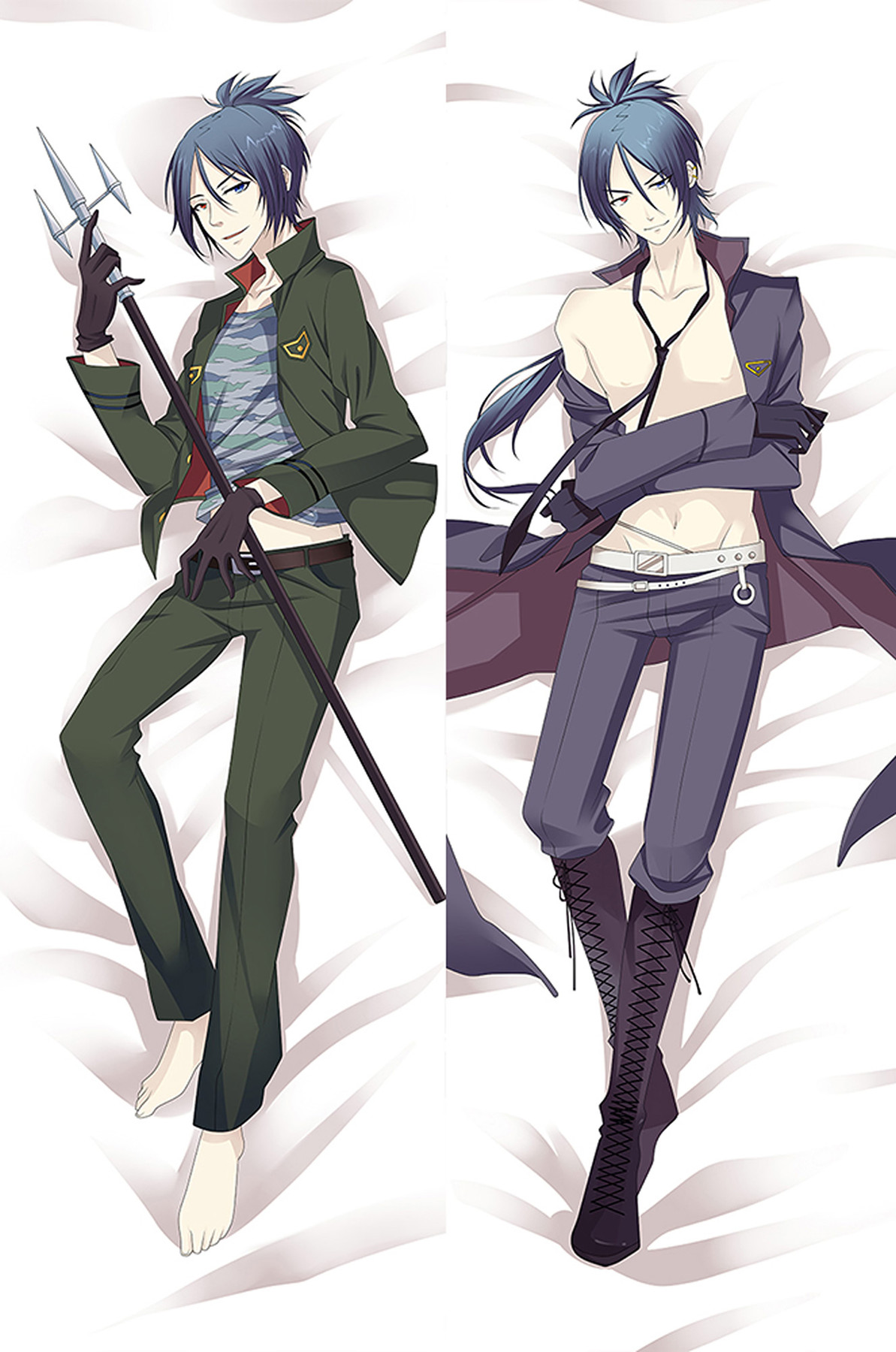 Illustration de la housse dakimakura Mukuro Rokudo : uniforme vert, trident, manteau violet et bottes à lacets