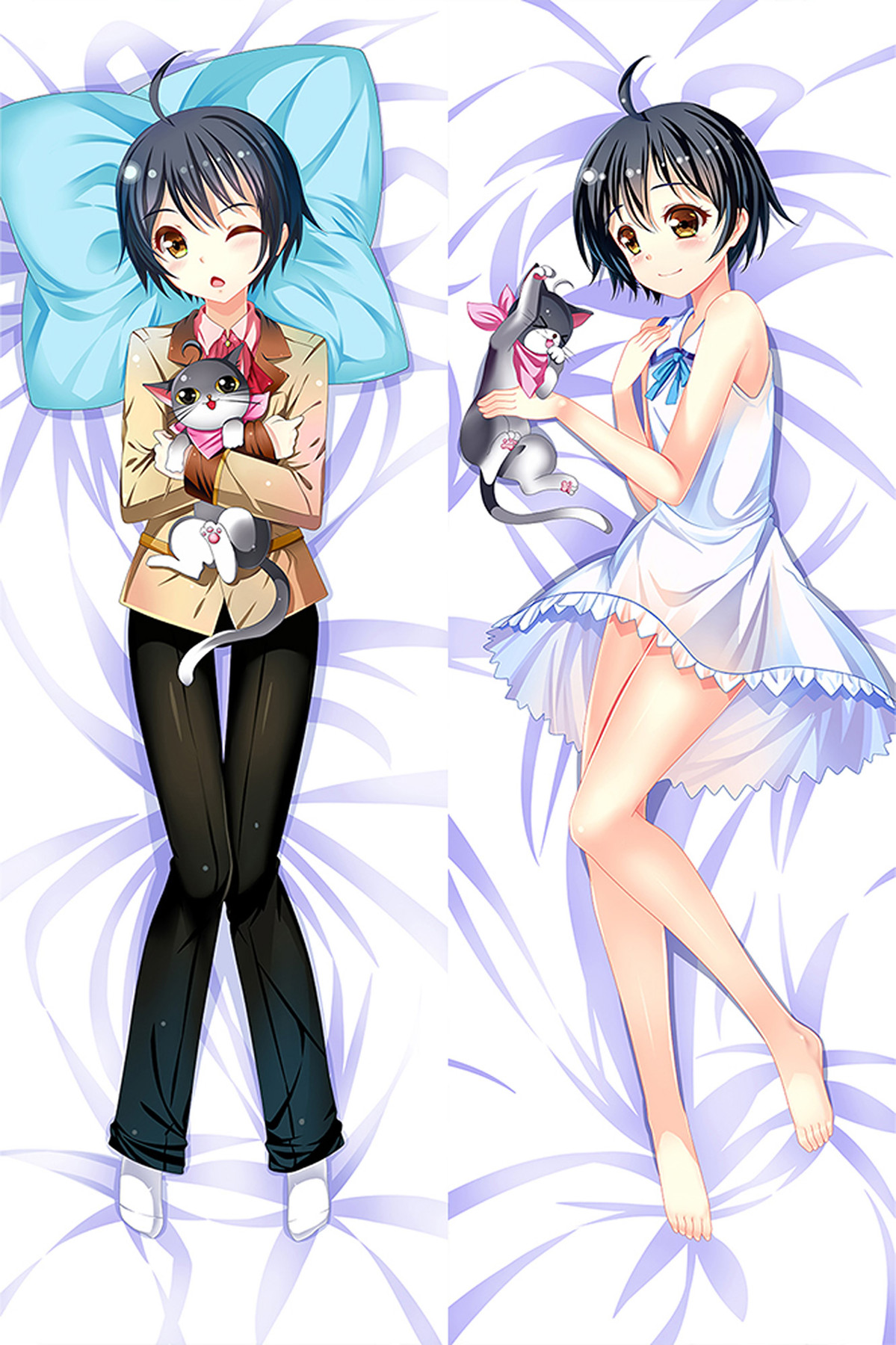 Ilustración dakimakura de Kobayashi Yoshio: americana beige, vestido blanco y azul y gato blanco y negro