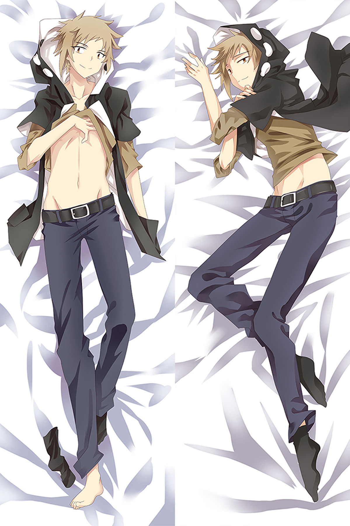 Shuuya Kano with tousled light hair, a black hood with white markings, tan shirt and dark trousers