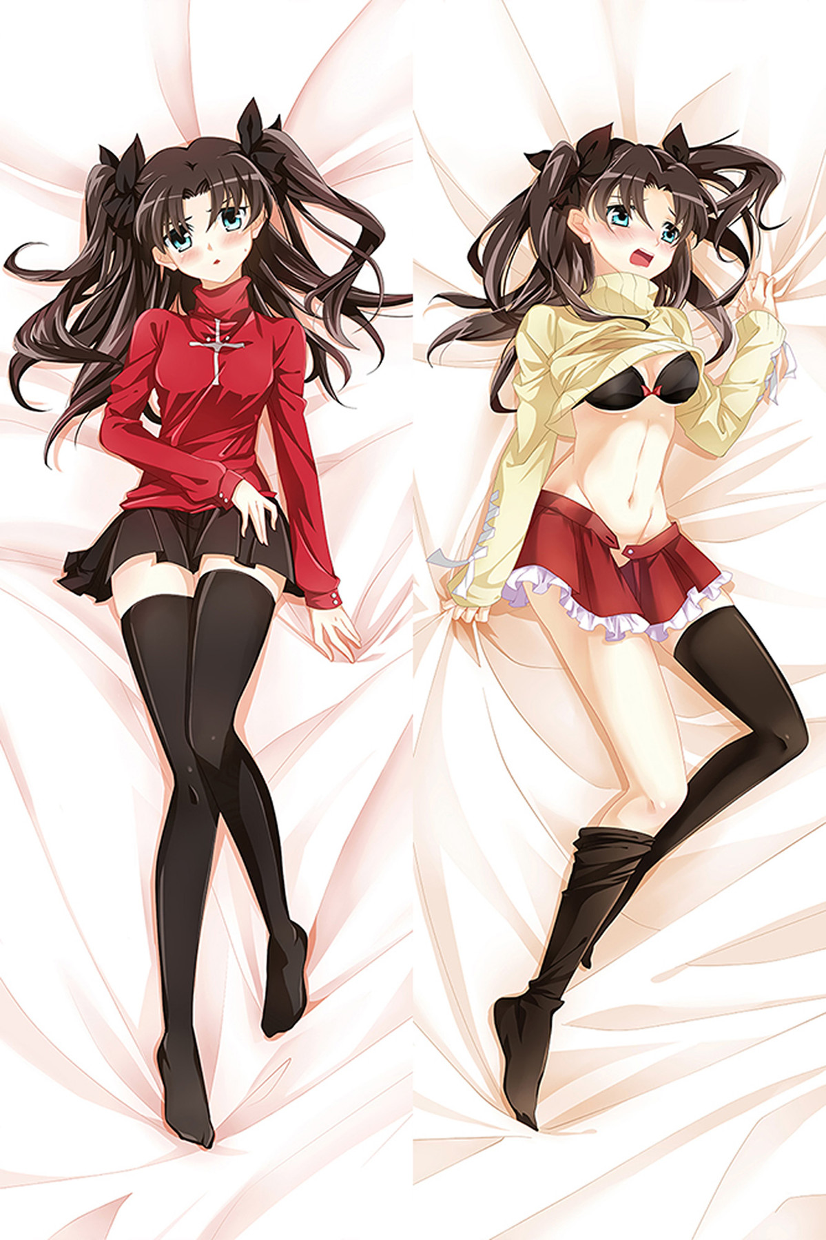 Rin Tohsaka avec haut rouge à croix, col roulé crème, rubans sombres et bas noirs