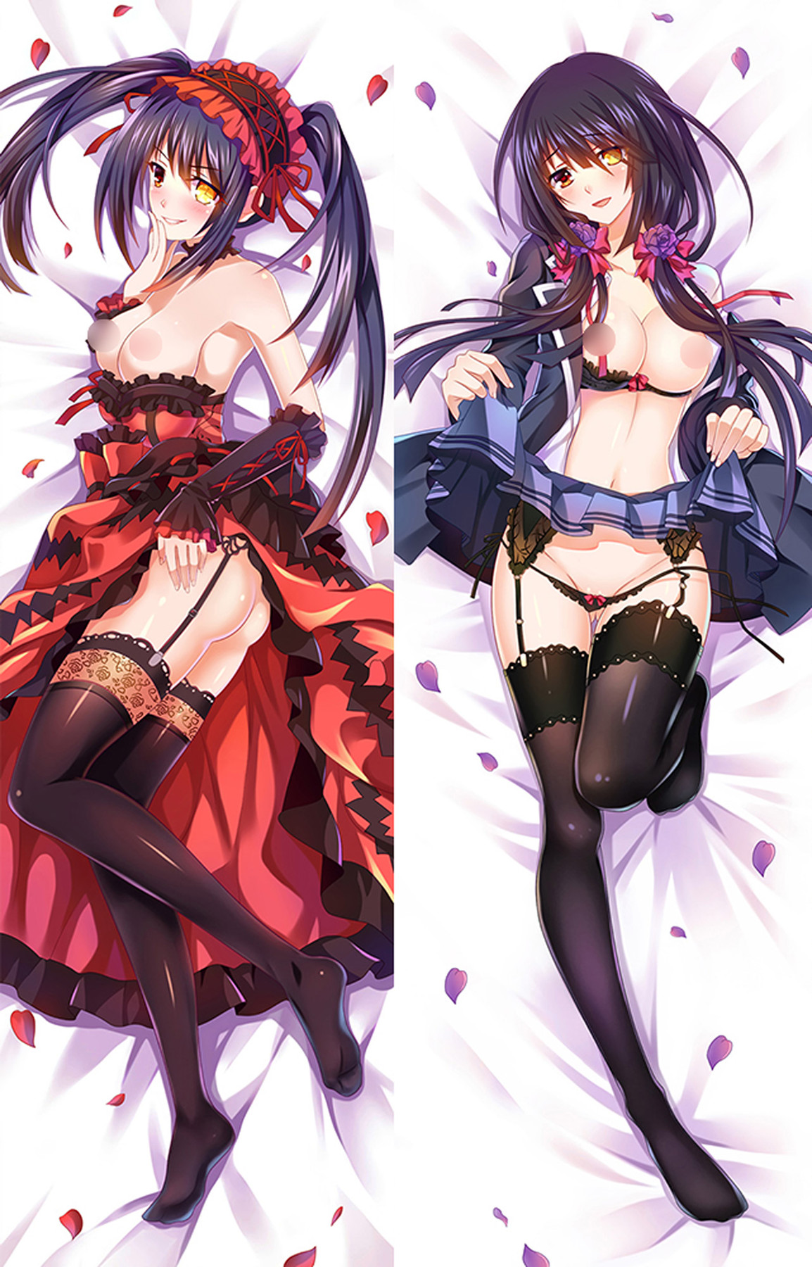 Illustration dakimakura Kurumi Tokisaki avec cheveux foncés, robe gothique rouge et noire et tenue bleu marine; aperçu censuré