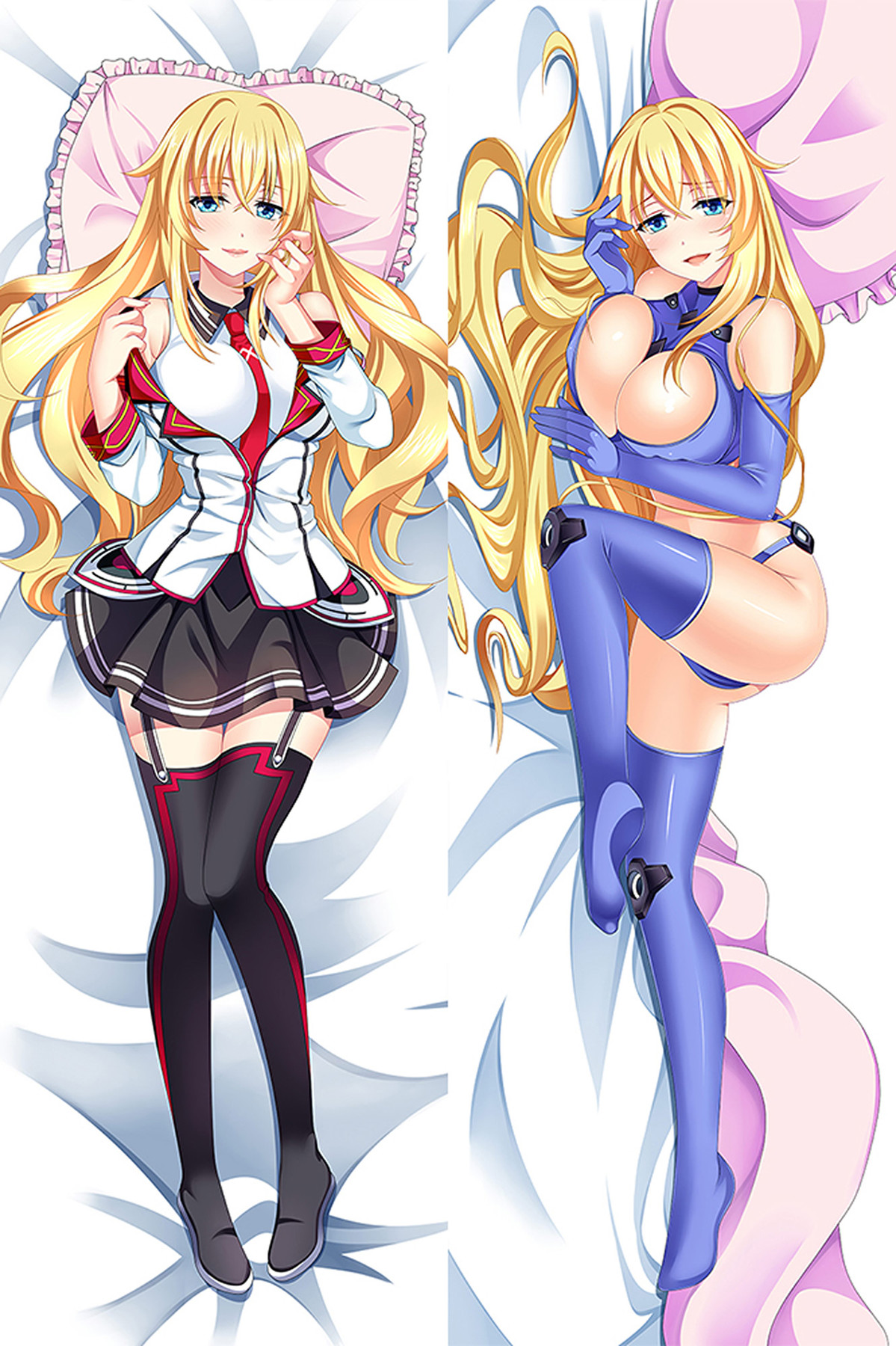 Yurishia Farandole with long blonde hair, white-black-red outfit and purple futuristic costume with gloves and boots