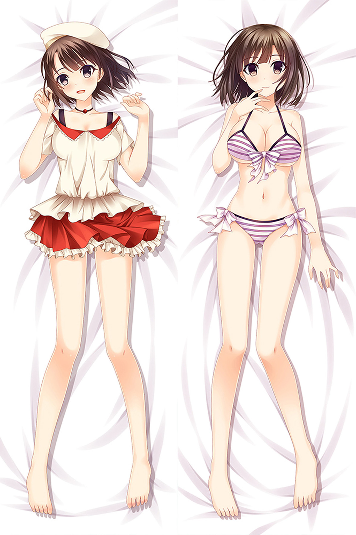 Double-sided Megumi Kato dakimakura body pillow case artwork: cream top and red frilled skirt with a pale beret, purple and white striped swimwear with bows.
