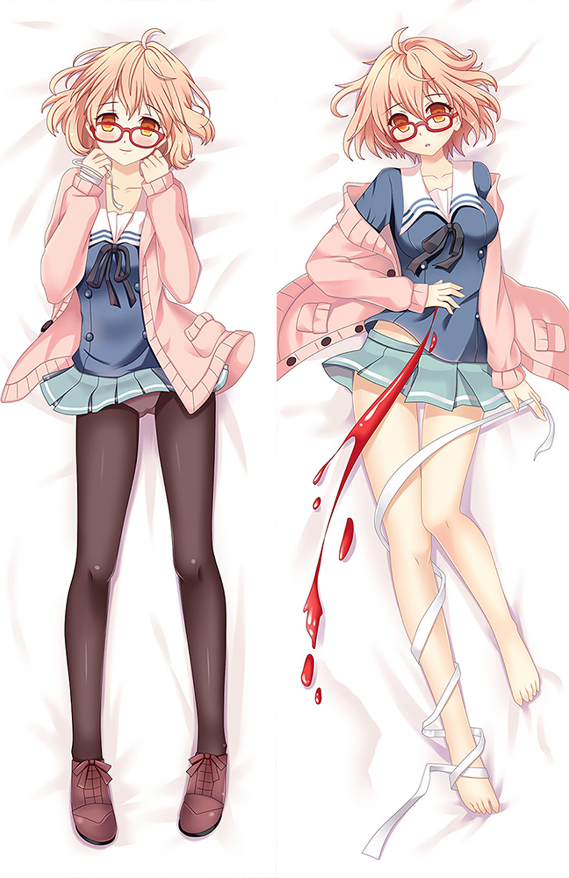 Mirai Kuriyama dakimakura artwork with red glasses, pink cardigan, sailor-style outfit and red blade