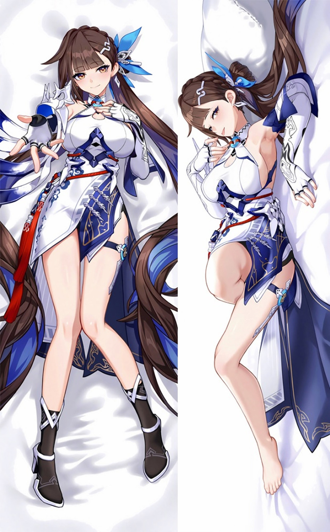 Li Sushang as Jade Knight, with long brown hair, blue hair ornament, white-and-navy dress and silver gauntlets