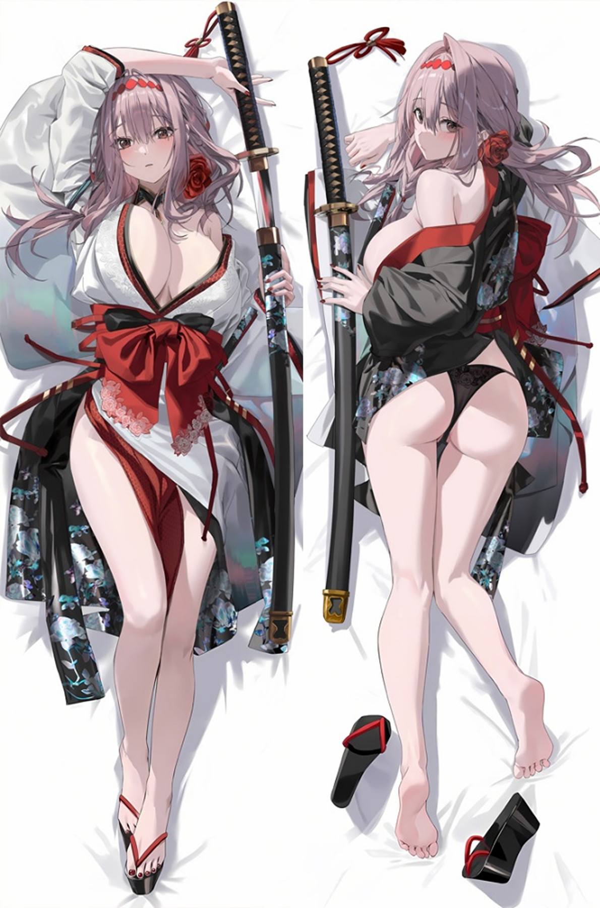 Scarlet from NIKKE on a dakimakura body pillow case, wearing a white-and-black floral kimono with a red sash and rose hair ornament and holding a sheathed sword, shown from the front and back.