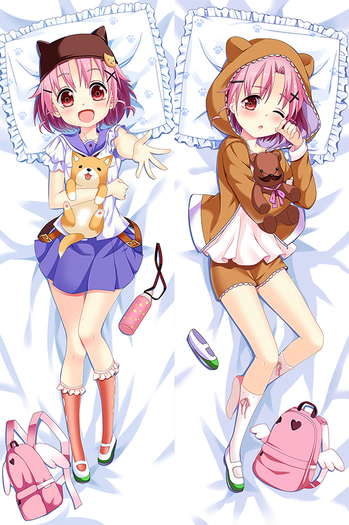 Yuki Takeya dakimakura artwork: pink hair, an animal-ear cap, a blue and white sailor-style outfit and a brown hooded costume with soft toys.