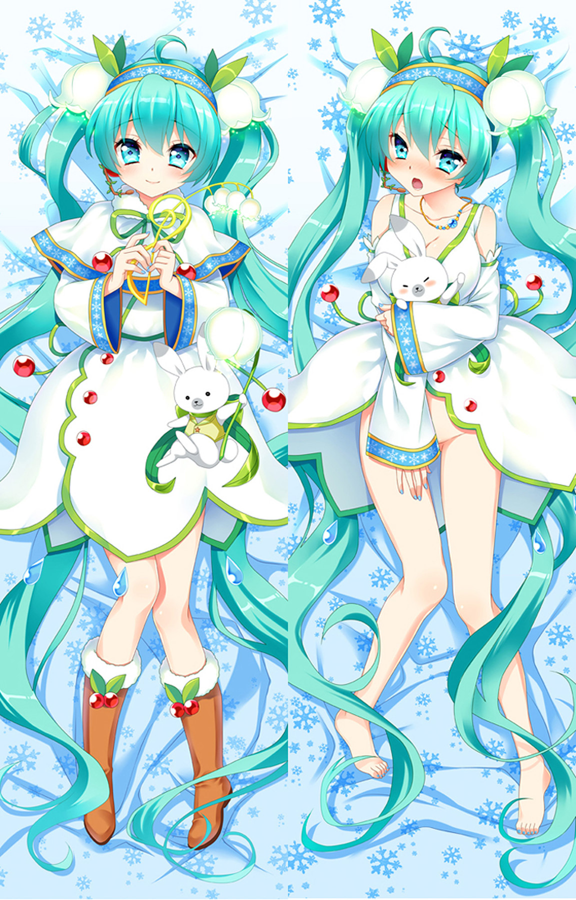 Hatsune Miku body pillow case artwork with a white floral dress, green edging, blue snowflake trim, teal twin-tails and a white rabbit companion.