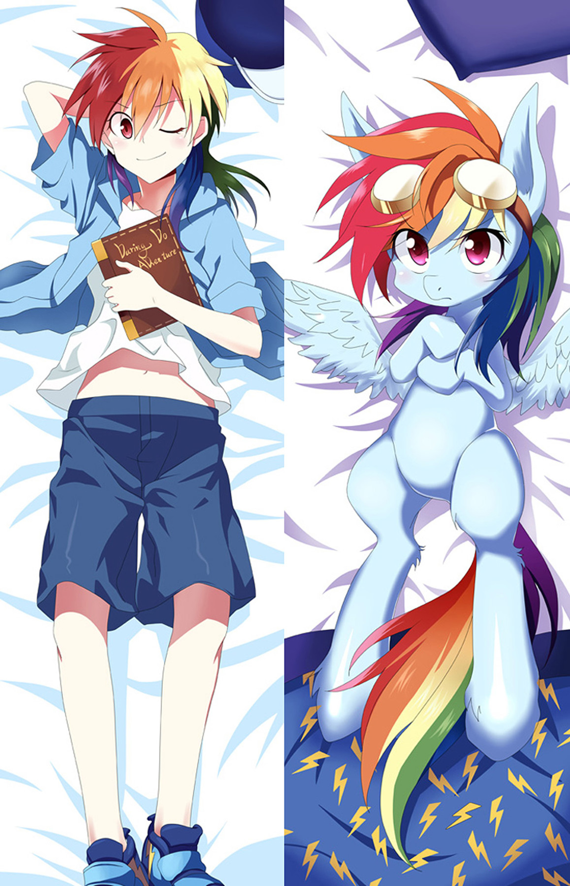 Rainbow Dash dakimakura body pillow case as a human with rainbow hair, blue shirt, shorts and book, and a blue winged pony with gold goggles on the reverse.